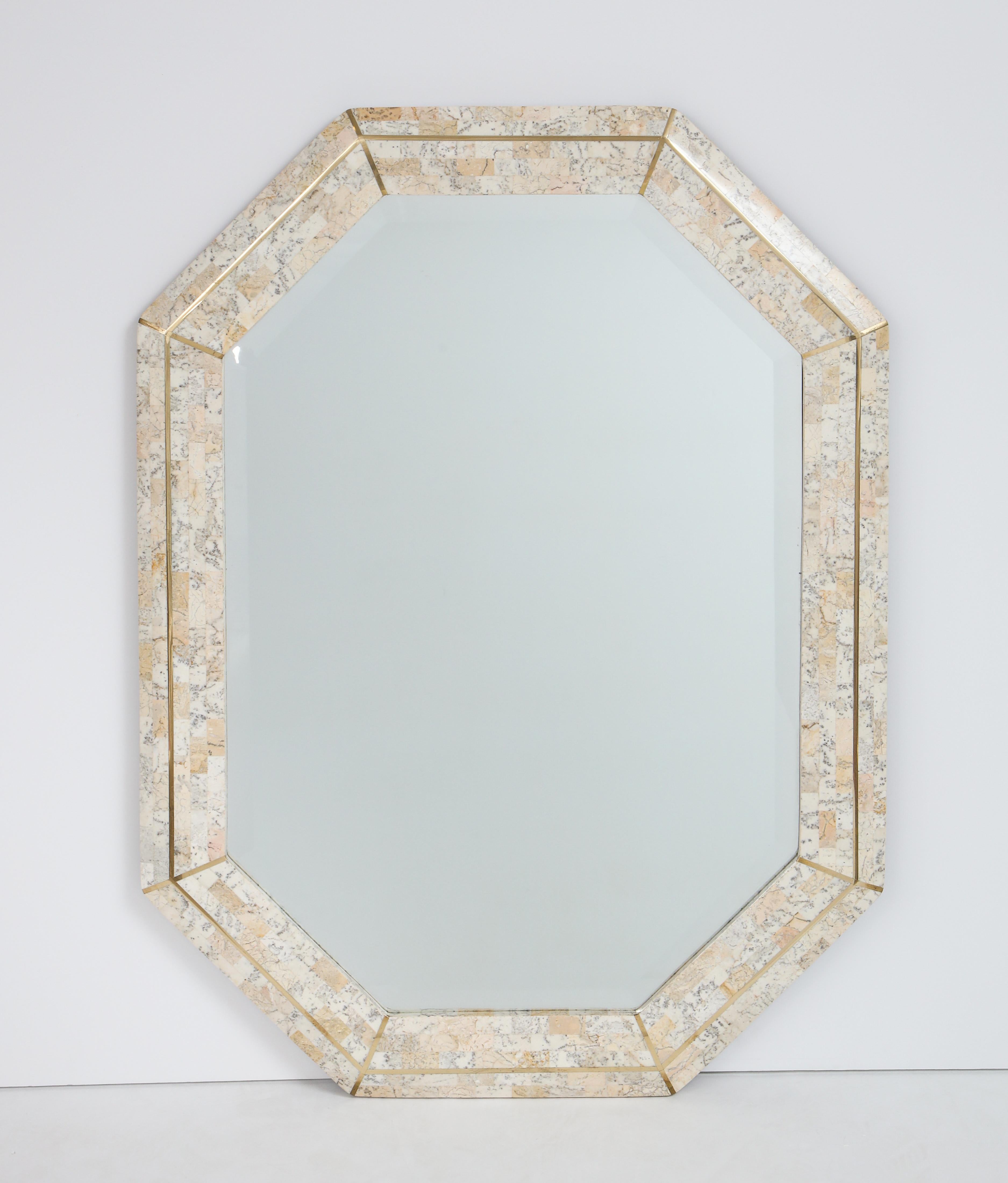 Maitland Smith Octagonal Tessellated Stone and Inlaid Brass Mirror  In Good Condition In New York, NY