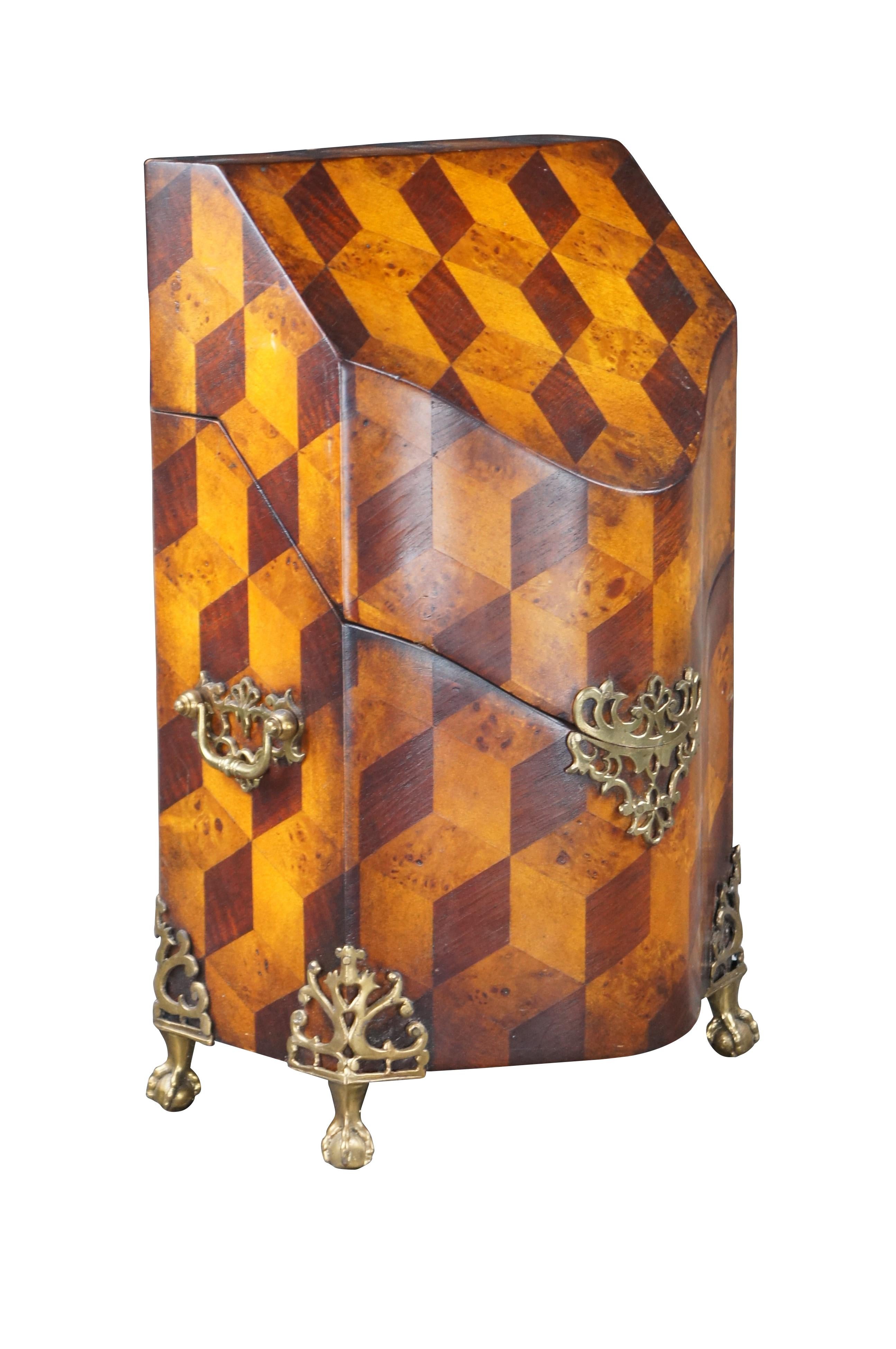 An impressive vintage Maitland Smith Letter Box; circa last quarter 20th Century. Features a tumbling block marquetry pattern crafted from olive burl and mahogany. The box is accented by brass ball and claw feet with bale pulls along the side and