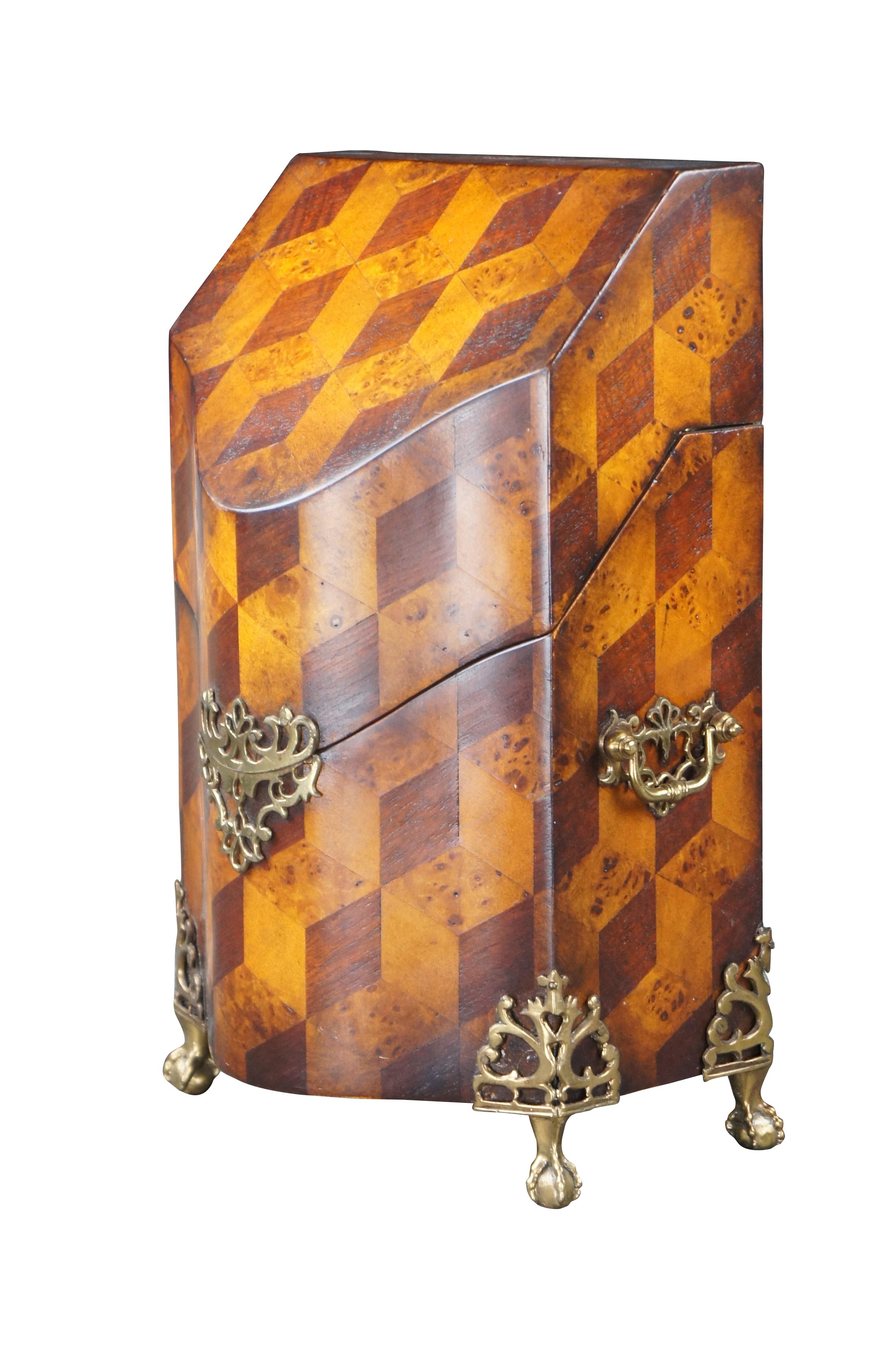 Maitland Smith Olive Burl Tumbling Block Marquetry Footed Letter Keepsake Box In Good Condition In Dayton, OH