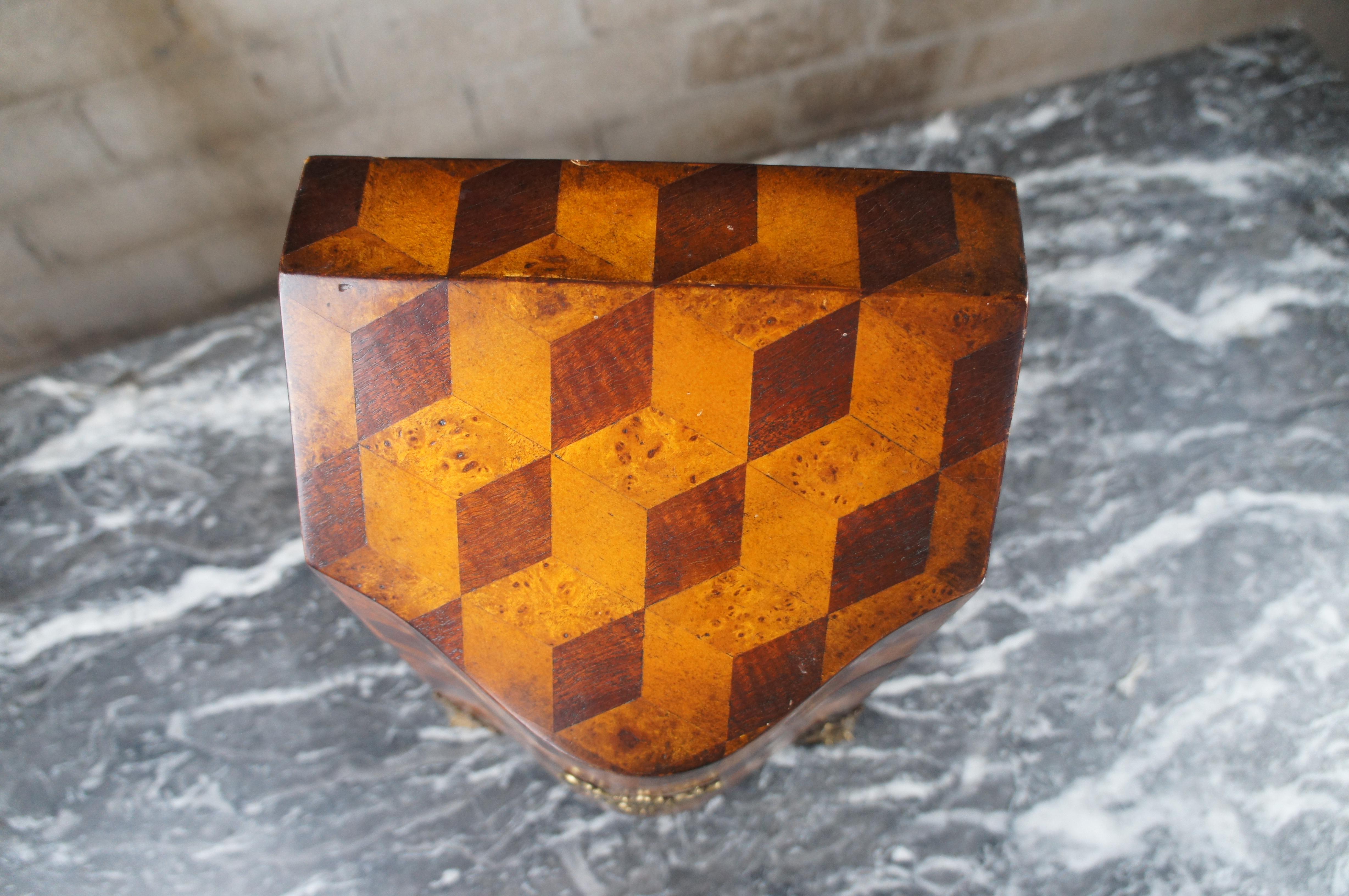 Maitland Smith Olive Burl Tumbling Block Marquetry Footed Letter Keepsake Box 2