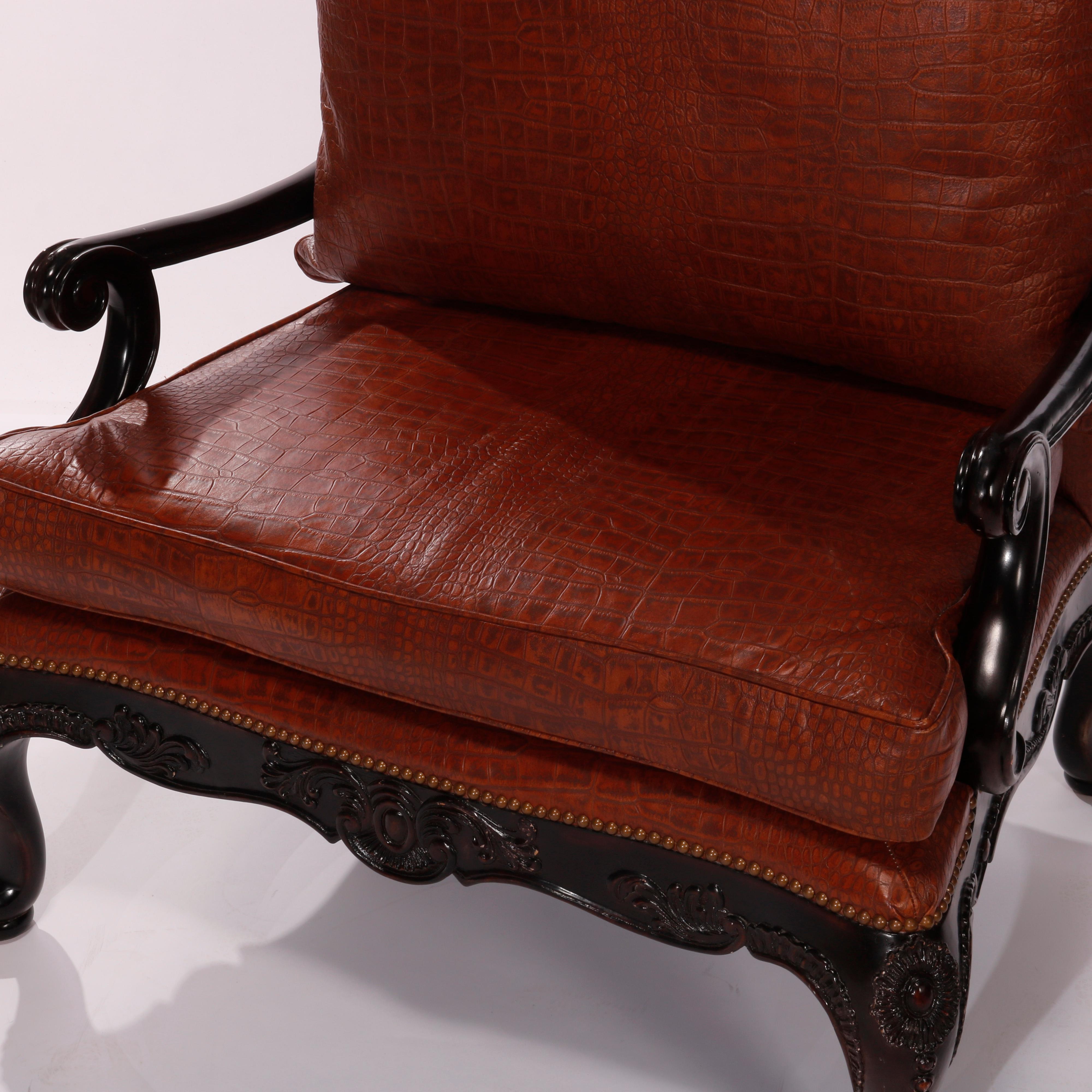 Maitland Smith Oversized Walnut & Leather Armchair, Alligator Pattern, 20th C 6