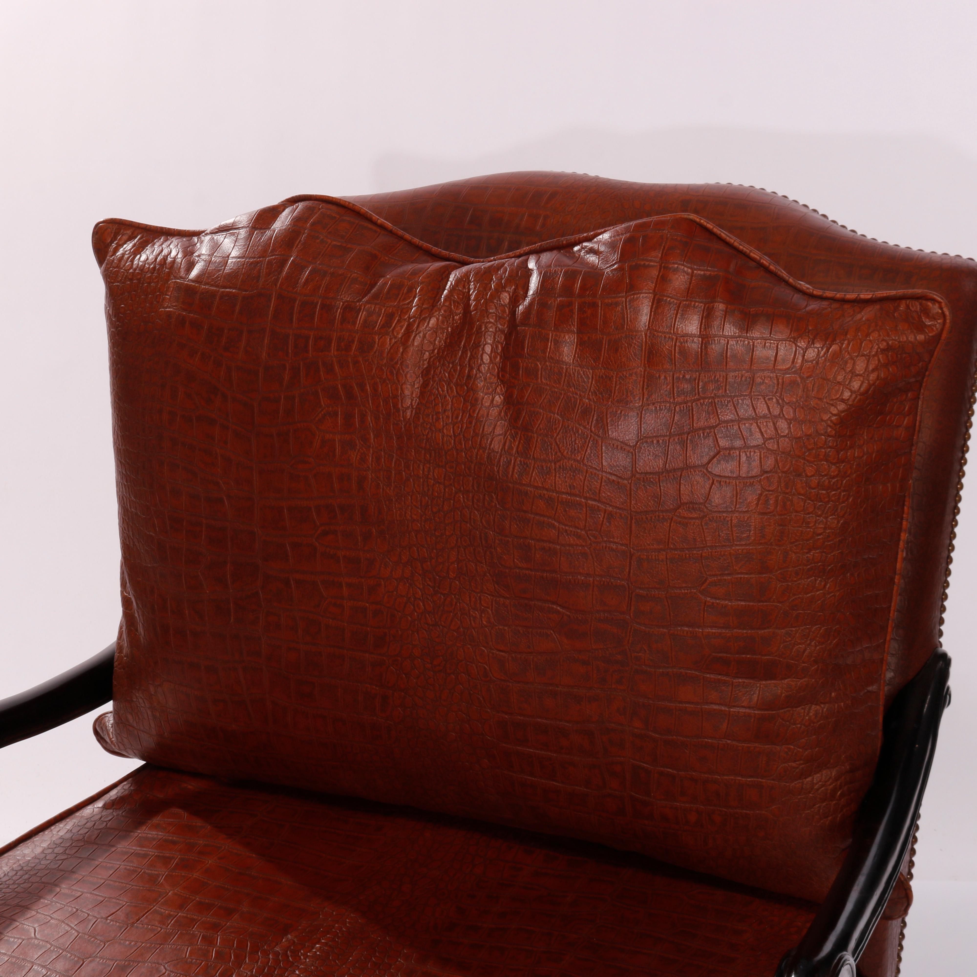 Maitland Smith Oversized Walnut & Leather Armchair, Alligator Pattern, 20th C 7