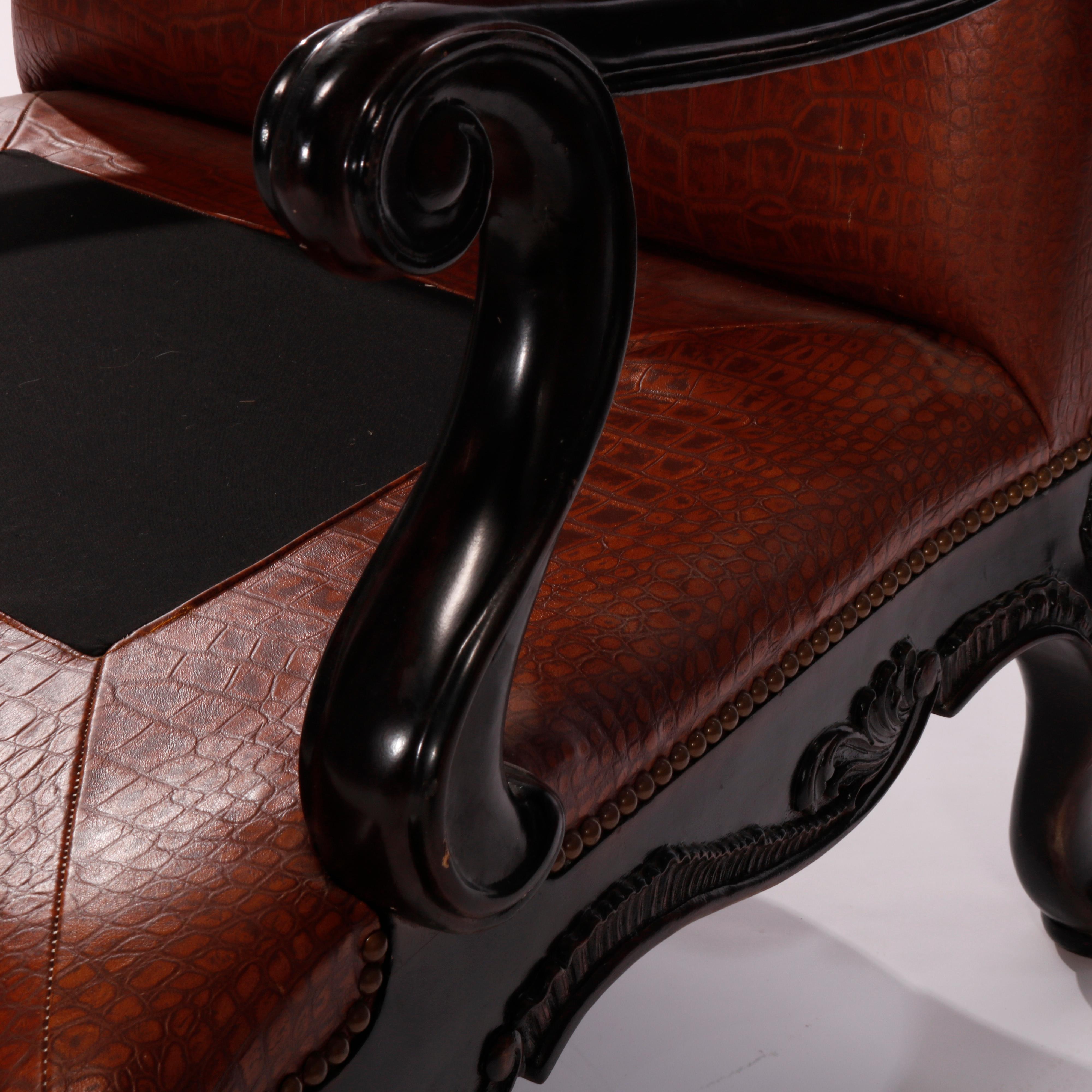 Maitland Smith Oversized Walnut & Leather Armchair, Alligator Pattern, 20th C 9