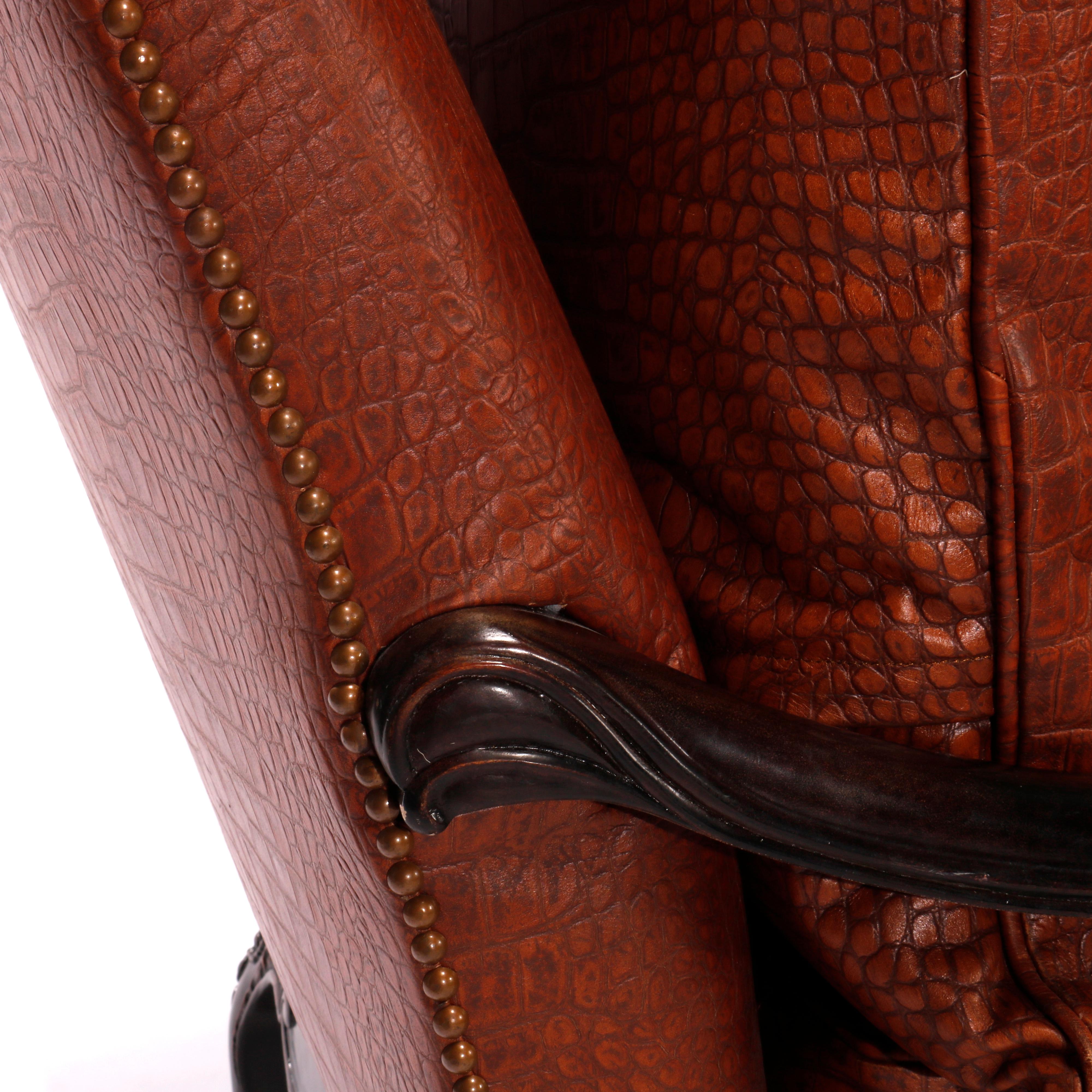 Maitland Smith Oversized Walnut & Leather Armchair, Alligator Pattern, 20th C 10