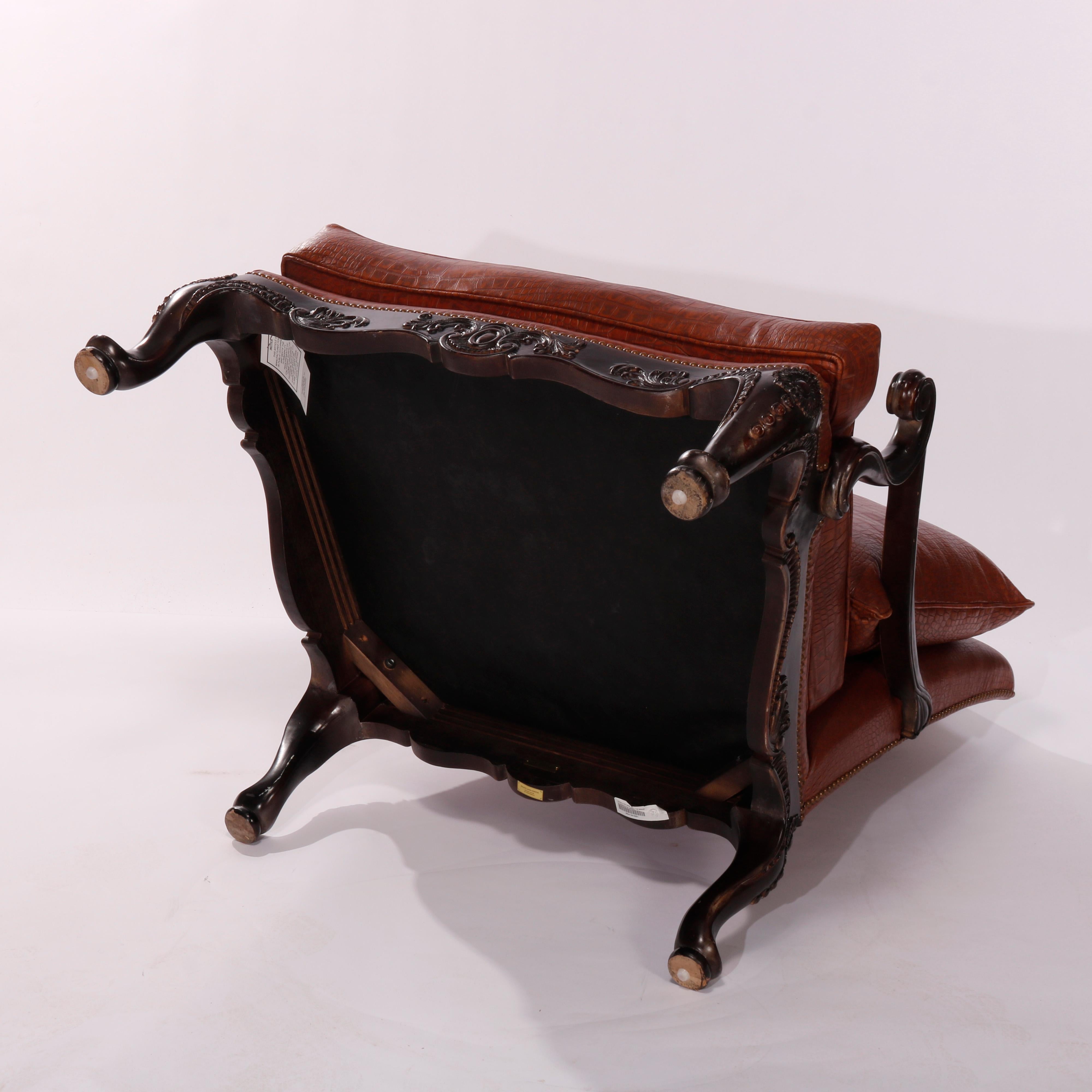 Maitland Smith Oversized Walnut & Leather Armchair, Alligator Pattern, 20th C 16