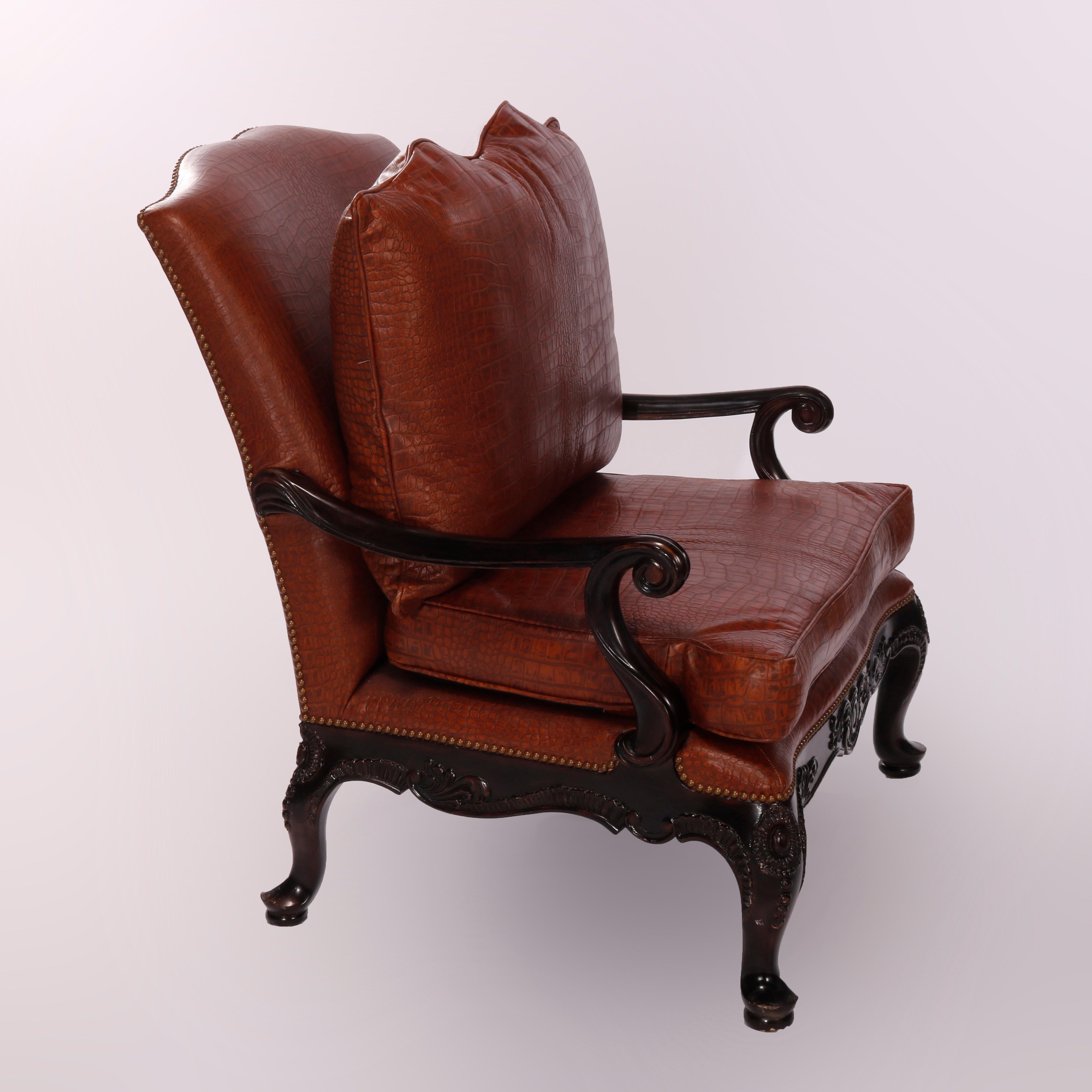 Maitland Smith Oversized Walnut & Leather Armchair, Alligator Pattern, 20th C In Good Condition In Big Flats, NY
