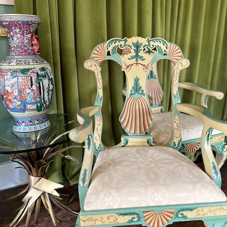 20th Century Maitland Smith Painted Grotto Shell Armchairs or Dining Chairs in Pink and Green For Sale