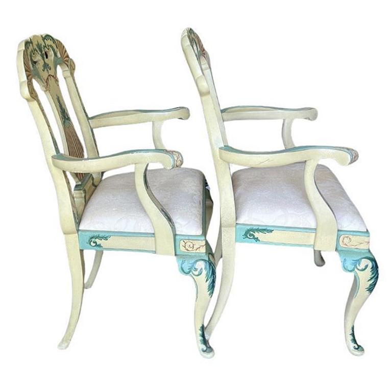 Fabric Maitland Smith Painted Grotto Shell Armchairs or Dining Chairs in Pink and Green For Sale