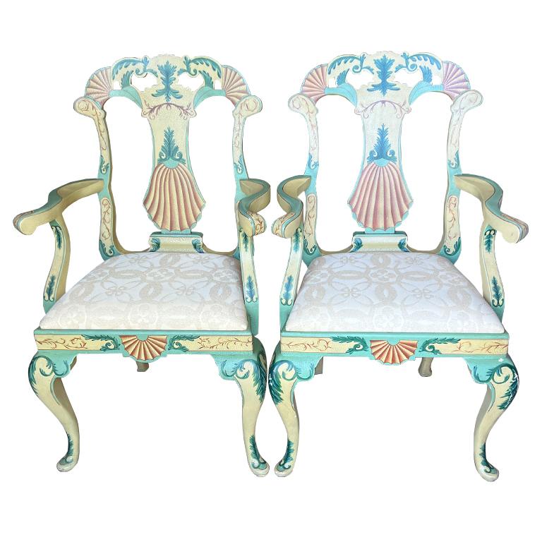 Maitland Smith Painted Grotto Shell Armchairs or Dining Chairs in Pink and Green For Sale 1