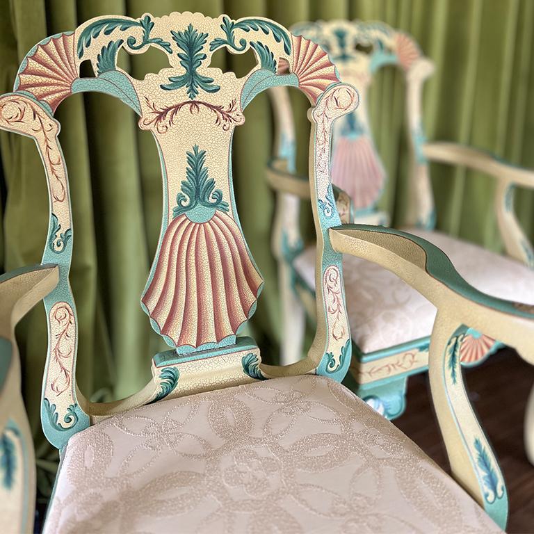 Maitland Smith Painted Grotto Shell Armchairs or Dining Chairs in Pink and Green For Sale 2