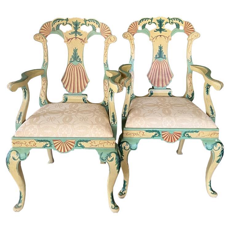 Maitland Smith Painted Grotto Shell Armchairs or Dining Chairs in Pink and Green For Sale