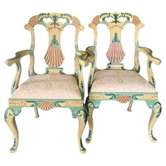Vintage Maitland Smith Painted Grotto Shell Armchairs or Dining Chairs in Pink and Green