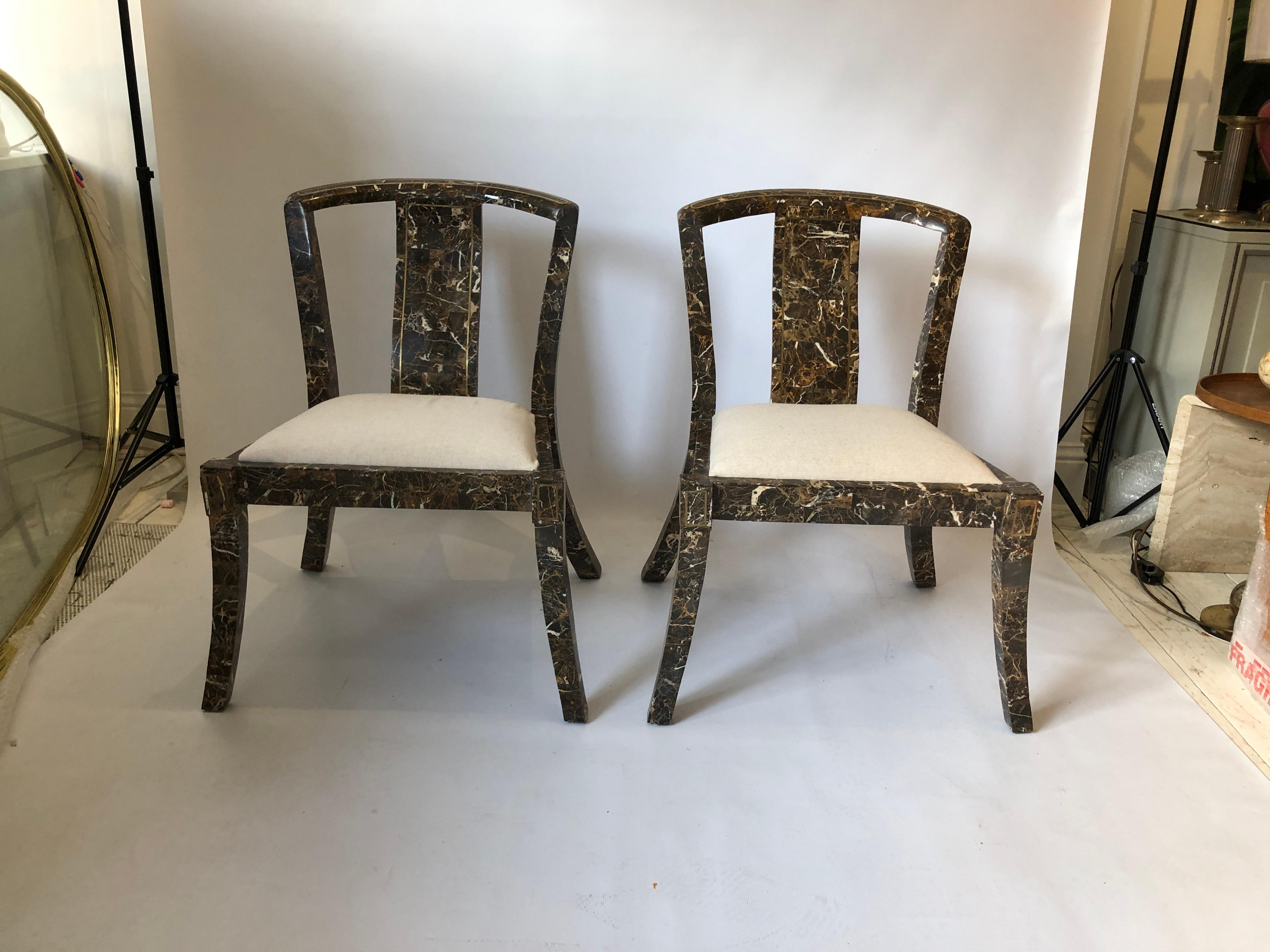 Hollywood Regency Maitland Smith Pair Marble Tessellated Side Brass Chairs Vintage 1970s For Sale