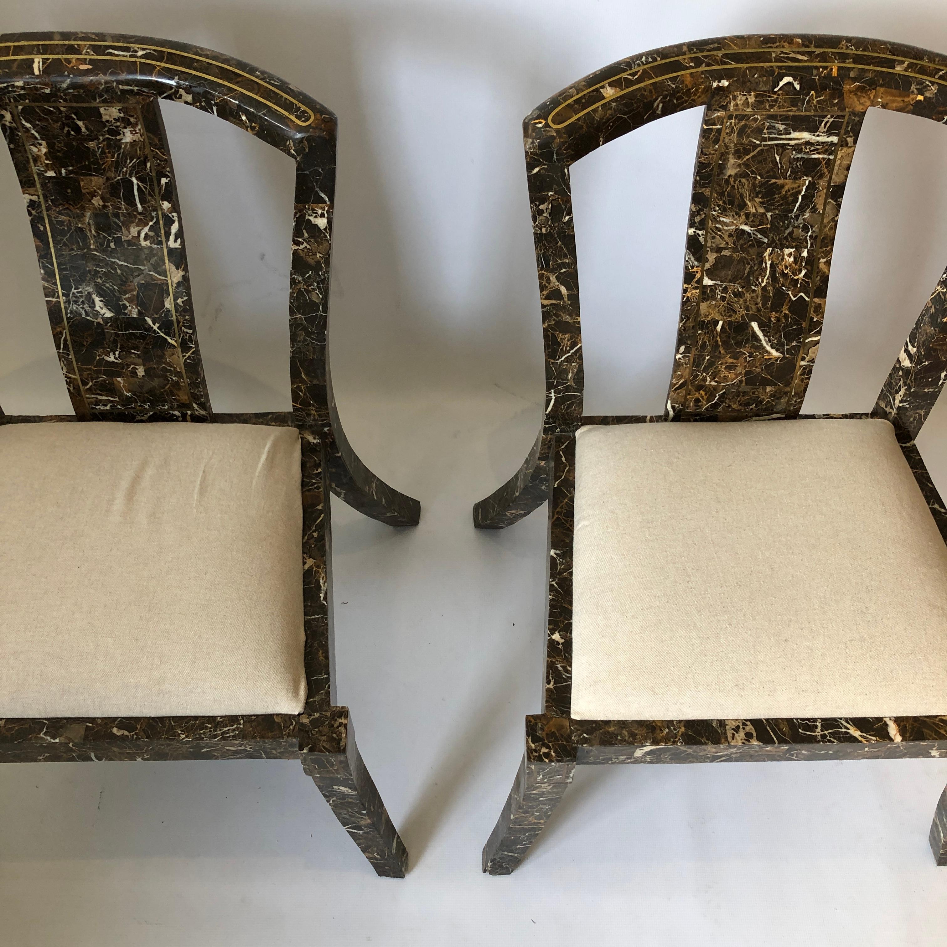 Maitland Smith Pair Marble Tessellated Side Brass Chairs Vintage 1970s In Good Condition For Sale In London, GB