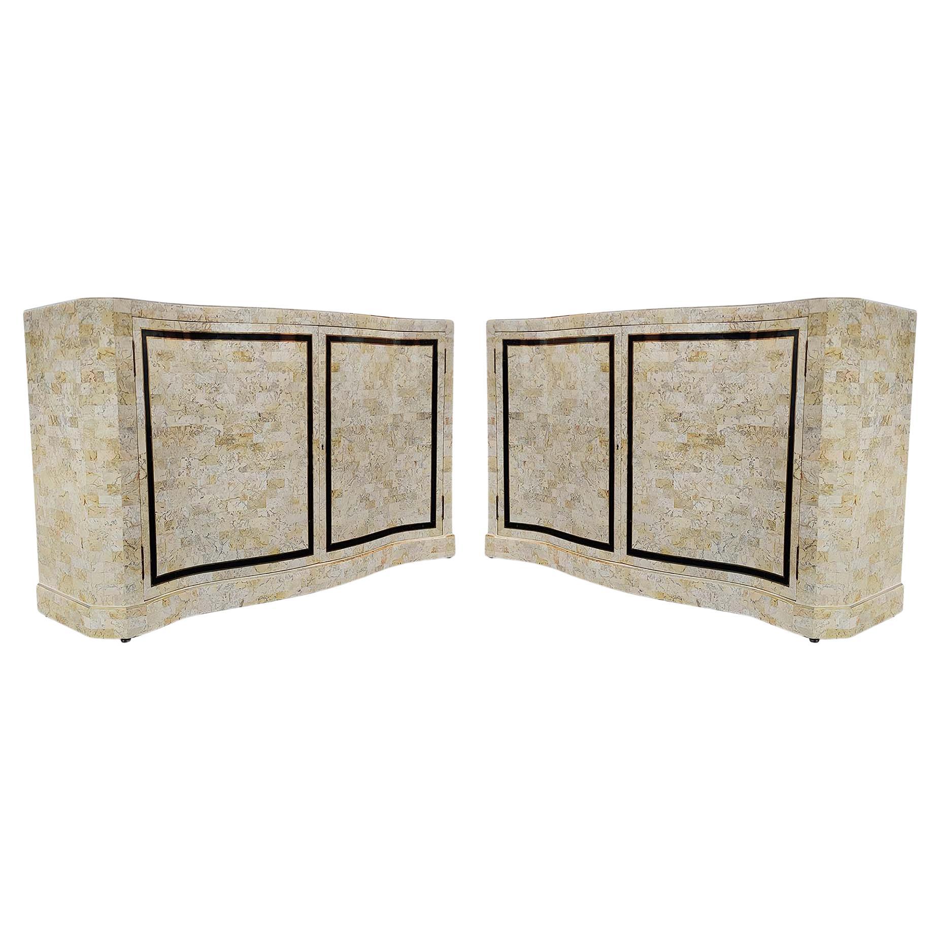 Maitland-Smith Pair Vintage Scroll-Front Cabinets Tessellated Stone Brass  For Sale
