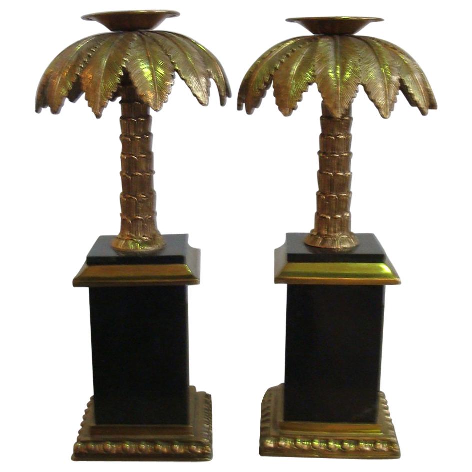 Maitland Smith Palm Tree Brass and Stone Candlesticks