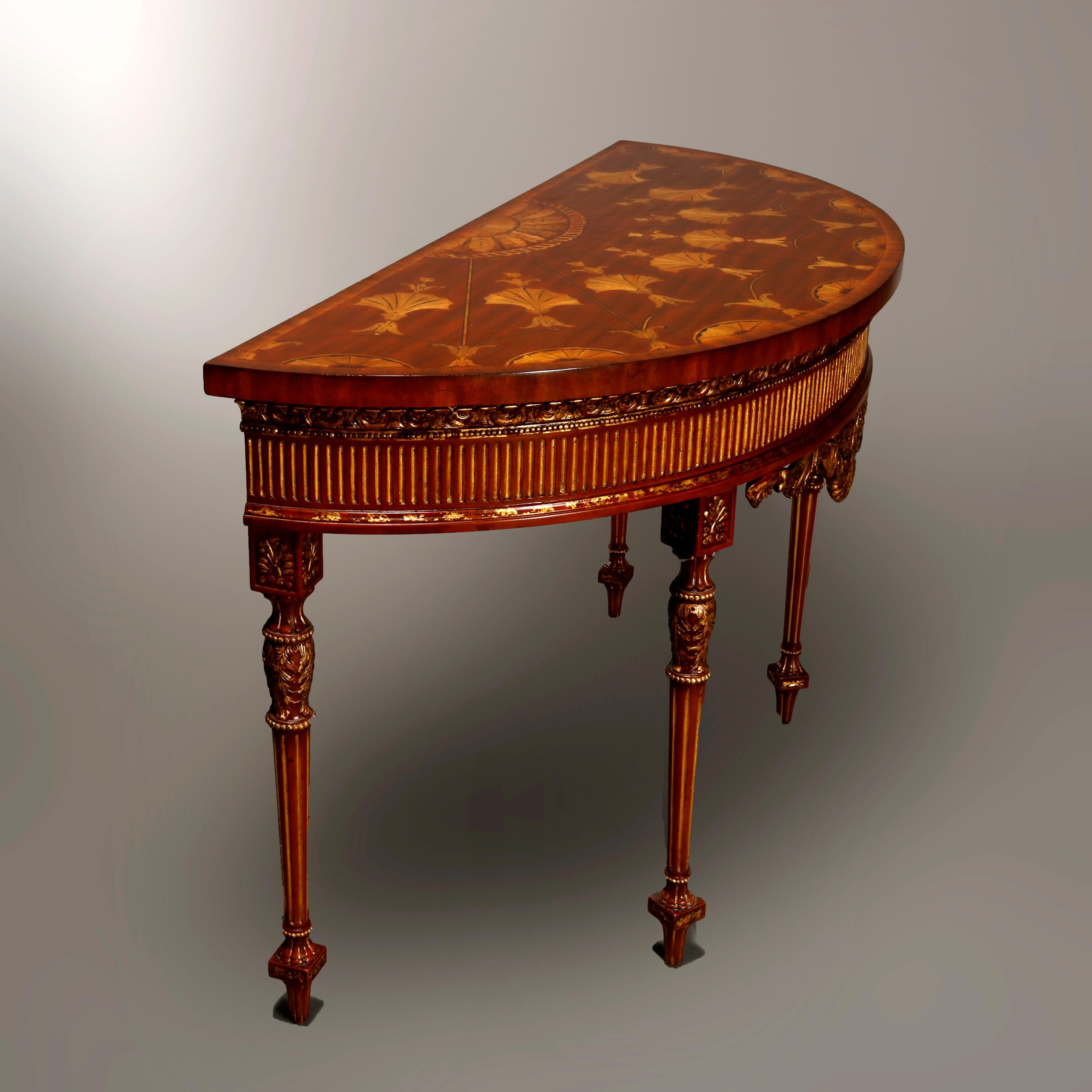 Louis XVI Maitland Smith Parcel Gilt Mahogany & Satinwood Marquetry Demilune Console Table For Sale