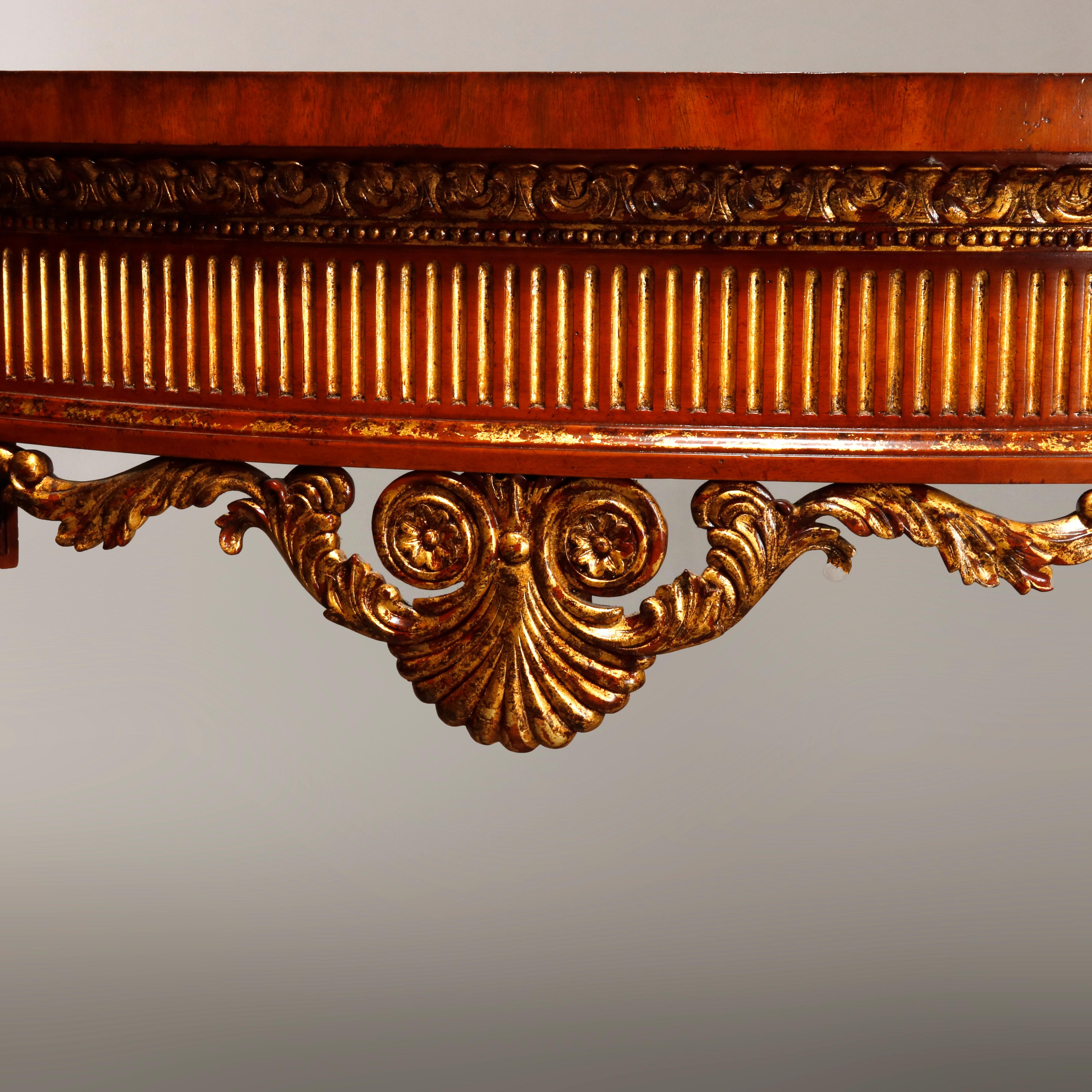 North American Maitland Smith Parcel Gilt Mahogany & Satinwood Marquetry Demilune Console Table For Sale