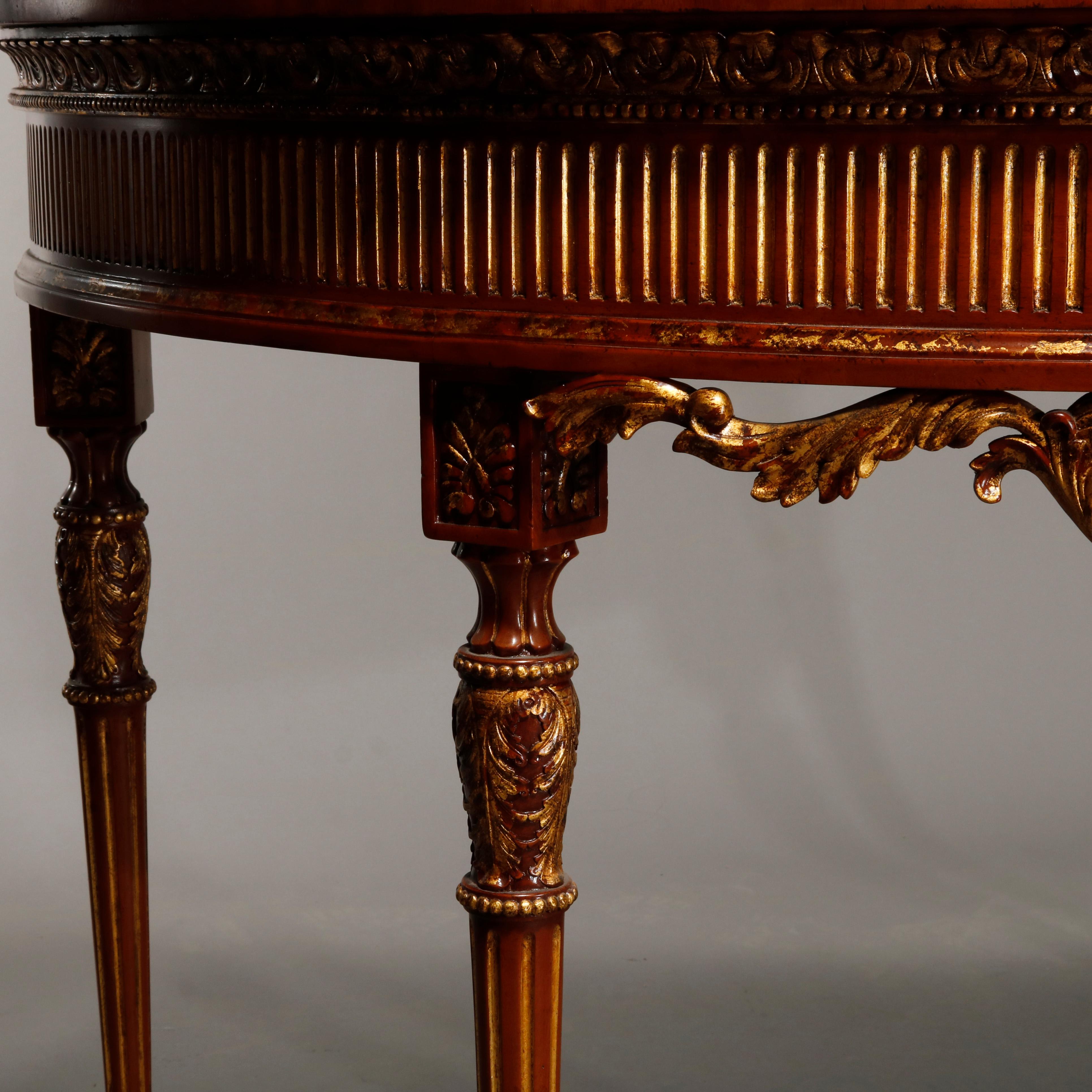 Carved Maitland Smith Parcel Gilt Mahogany & Satinwood Marquetry Demilune Console Table For Sale