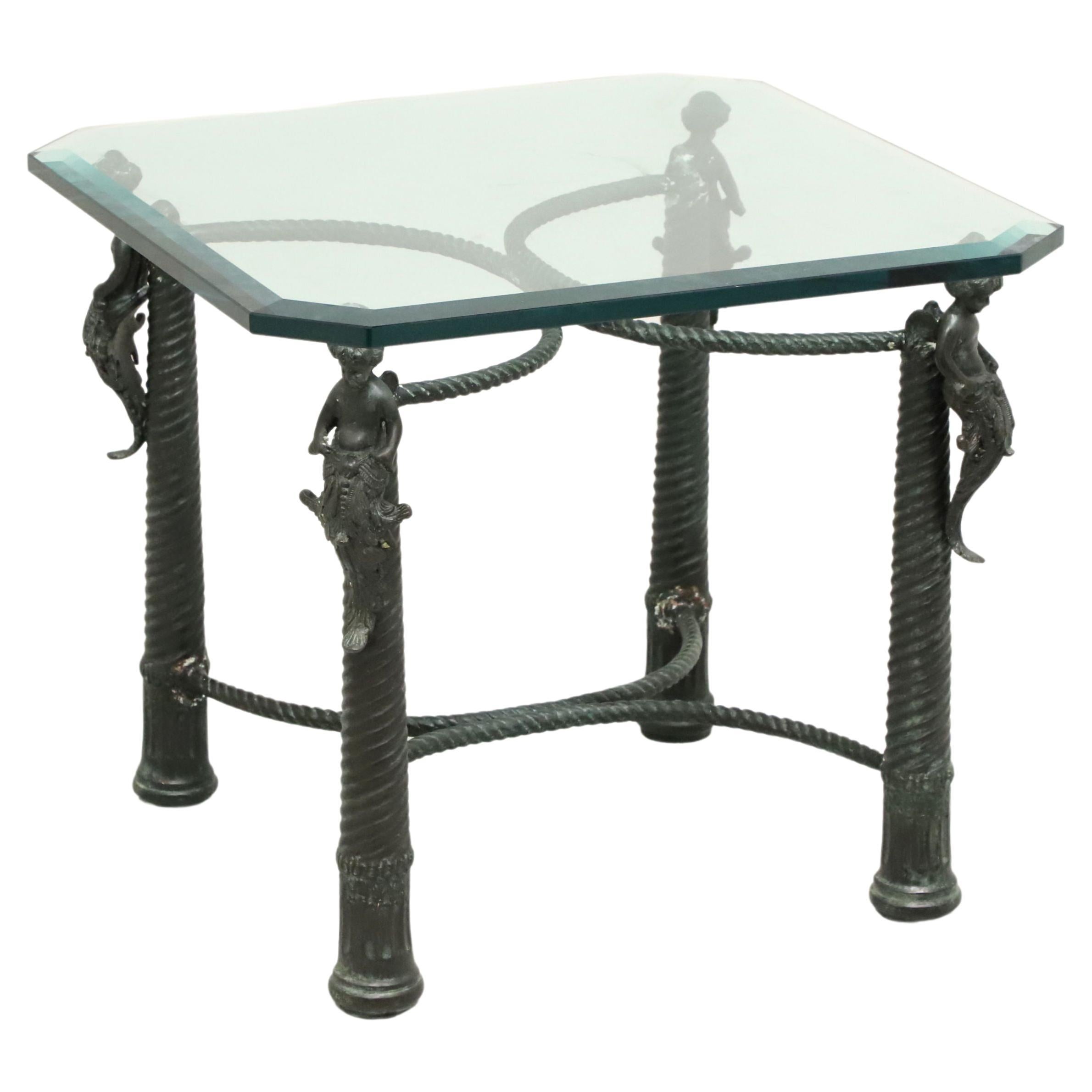 MAITLAND SMITH Patinated Bronze Mermen Square Glass Top Coffee Cocktail Table For Sale
