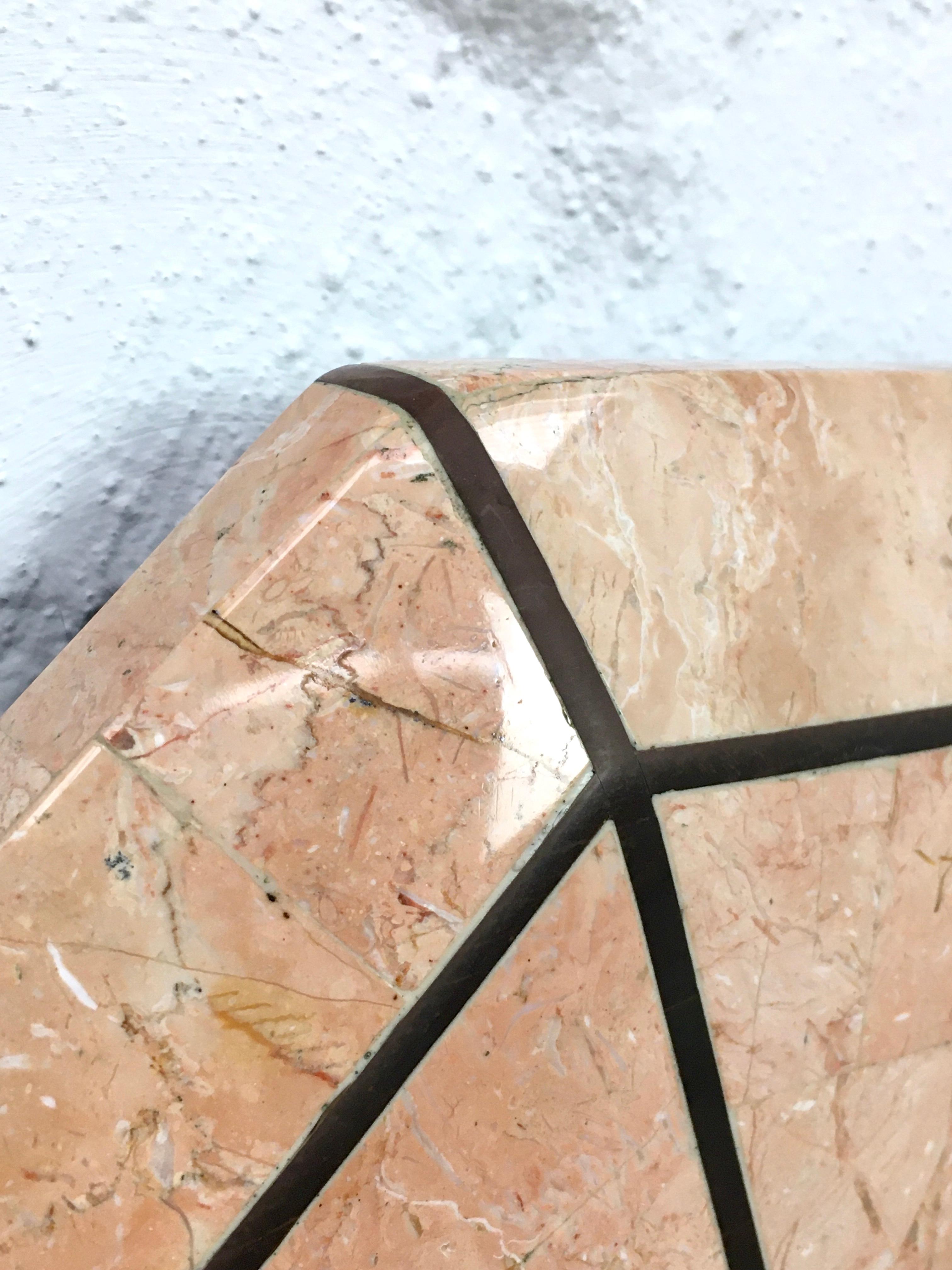 Late 20th Century Maitland-Smith Pink Marble Veneer Octagonal Mirror Brass Trim Signed 1980 For Sale