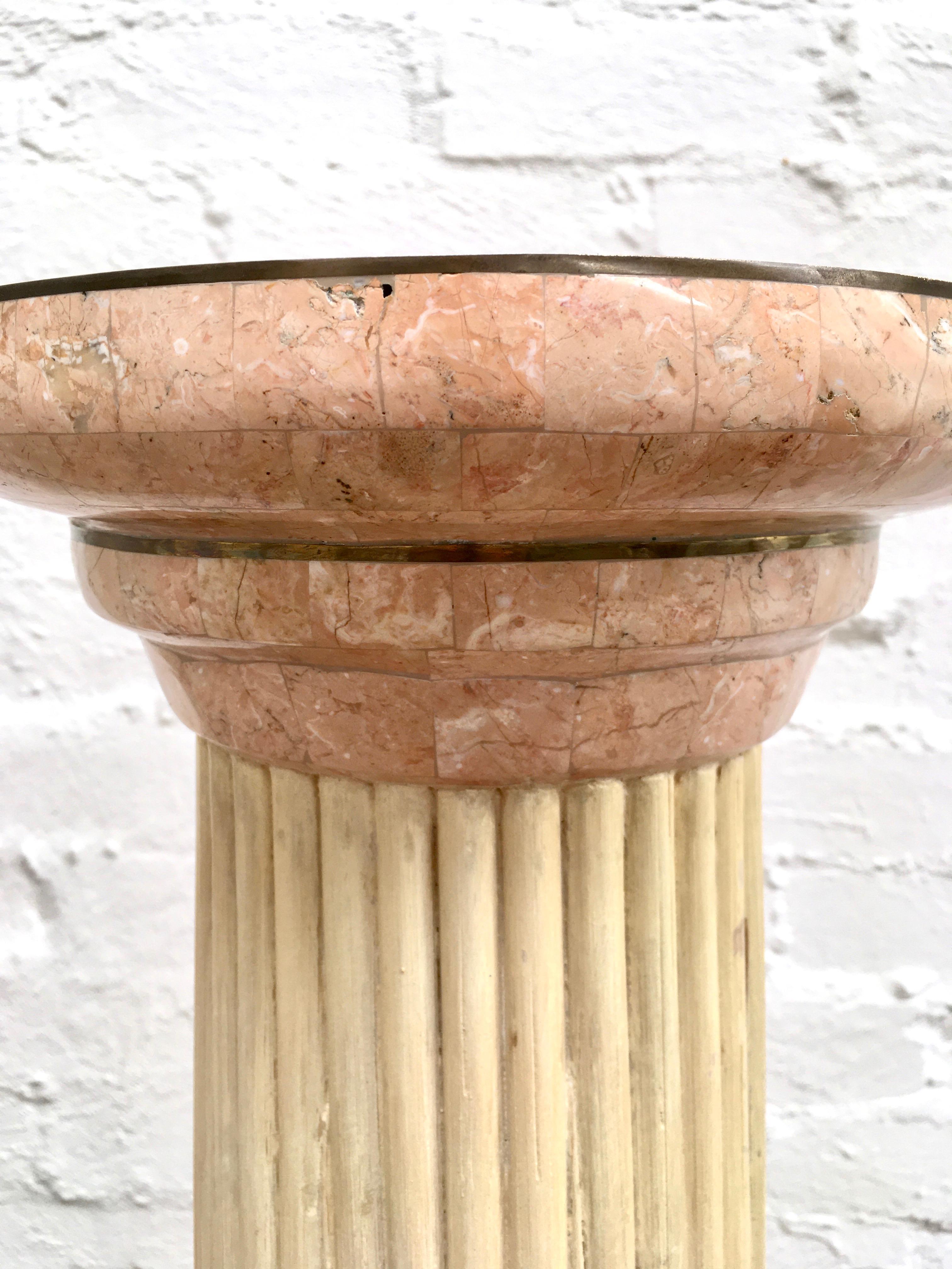 Mid-Century Modern Maitland Smith Pink Tessellated Marble with Rattan and Brass Pedestal Column For Sale