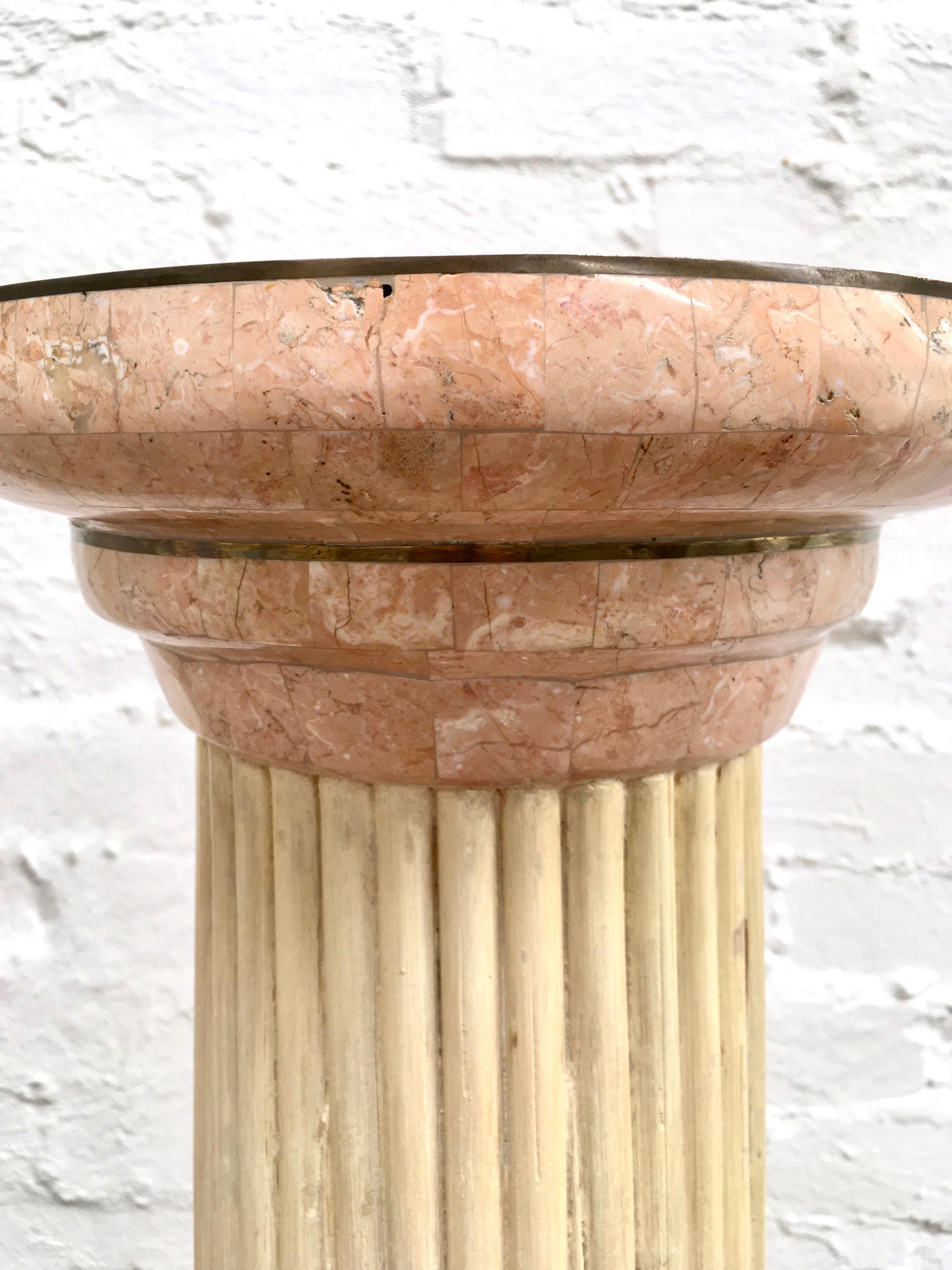 Mid-Century Modern Maitland Smith Pink Tessellated Marble with Rattan and Brass Pedestal Column