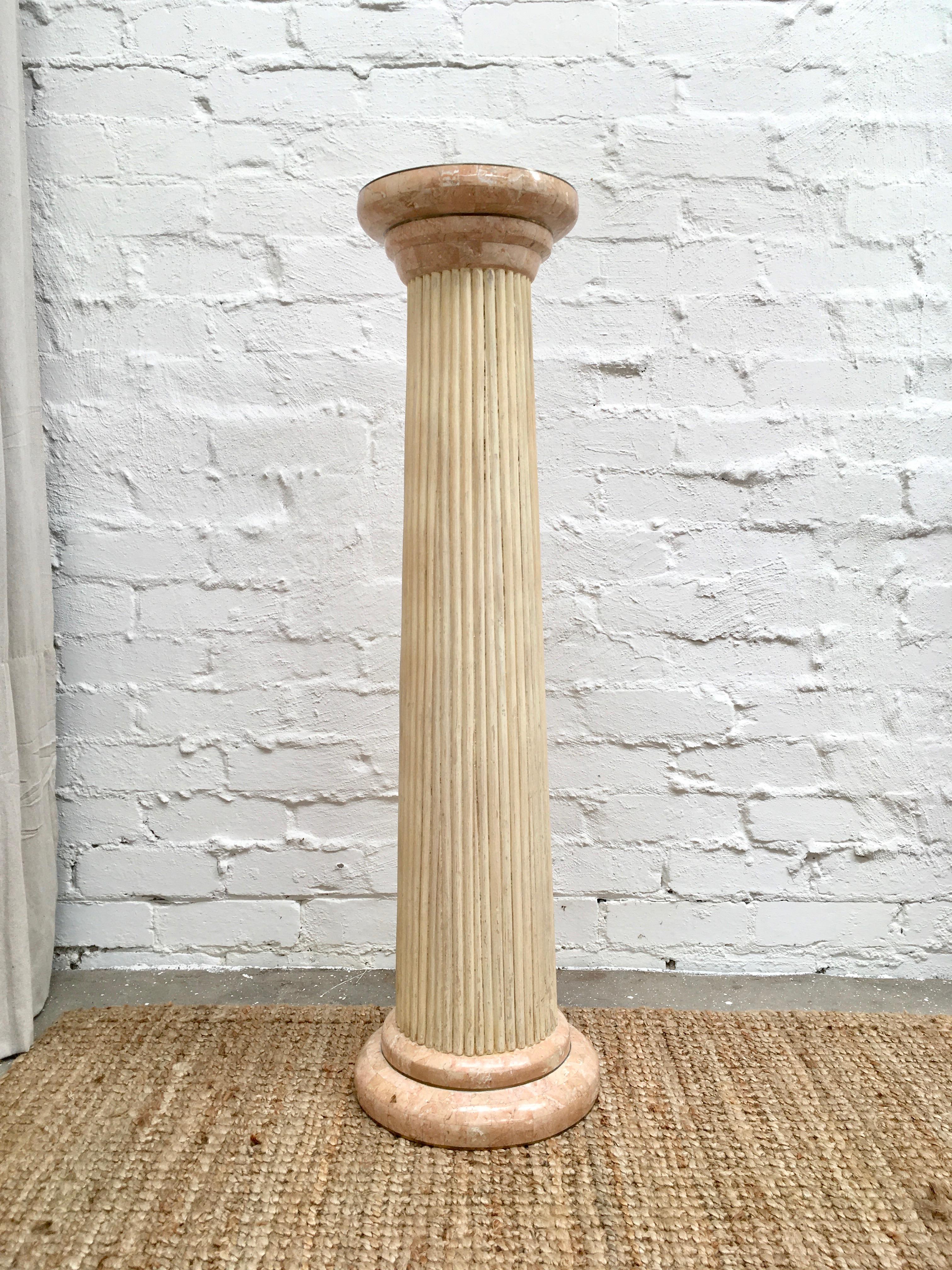 American Maitland Smith Pink Tessellated Marble with Rattan and Brass Pedestal Column For Sale