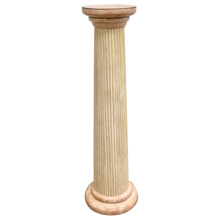 Maitland Smith Pink Tessellated Marble with Rattan and Brass Pedestal Column For Sale