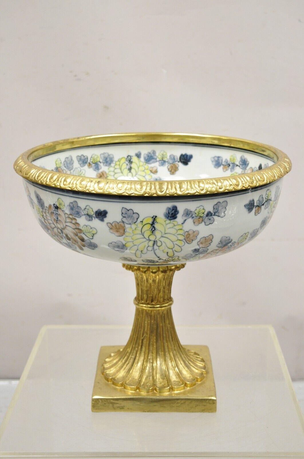 Maitland Smith Porcelain Brass Bronze Pedestal Fruit Bowl Jardiniere Centerpiece. Circa  Late 20th Century. Measurements: 14