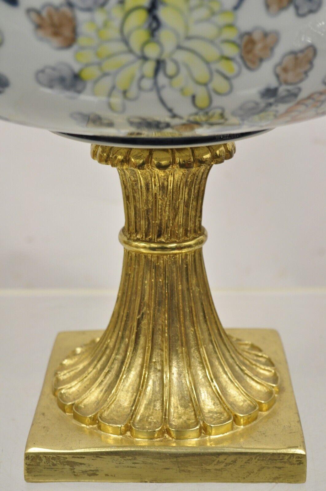 Maitland Smith Porcelain Brass Bronze Pedestal Fruit Bowl Jardiniere Centerpiece In Good Condition In Philadelphia, PA