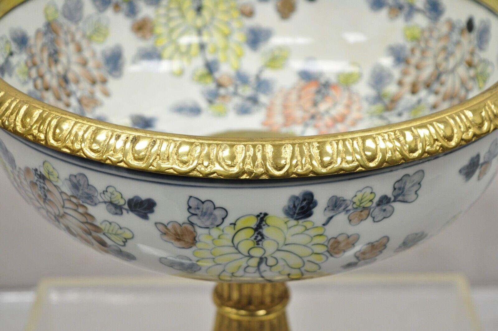 20th Century Maitland Smith Porcelain Brass Bronze Pedestal Fruit Bowl Jardiniere Centerpiece
