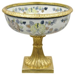 Vintage Maitland Smith Porcelain Brass Bronze Pedestal Fruit Bowl Jardiniere Centerpiece