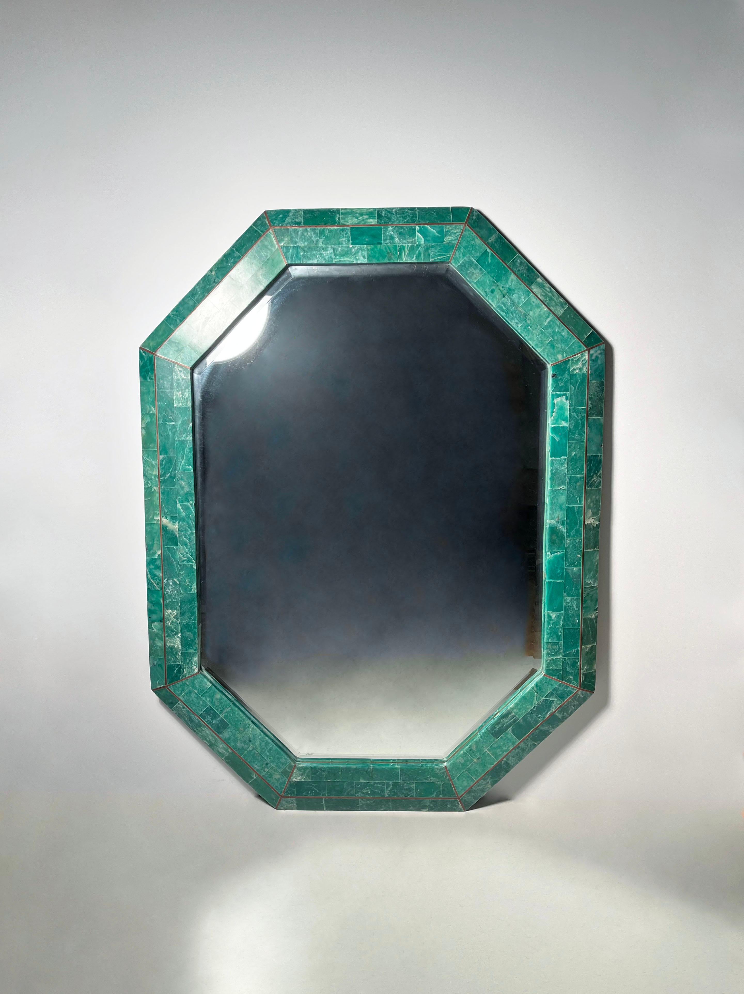 Maitland Smith Post Modern / Art Deco style Octagonal Emerald Green Tessellated Marble Wall Mirror with brass inlay.