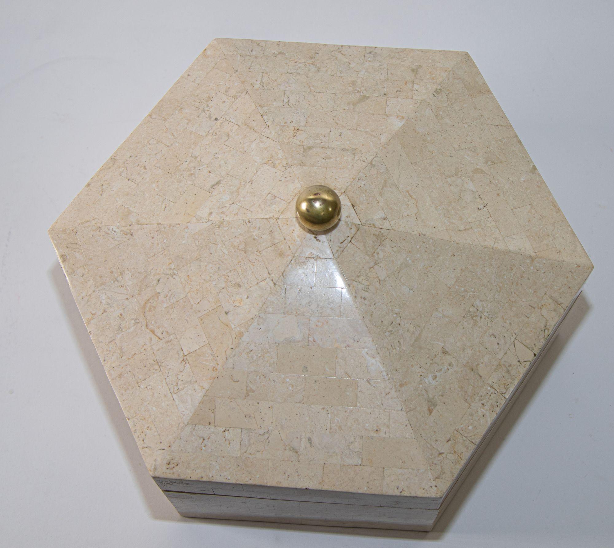 Maitland Smith Post Modern White Tessellated Hexagonal Stone Box 1980's For Sale 6