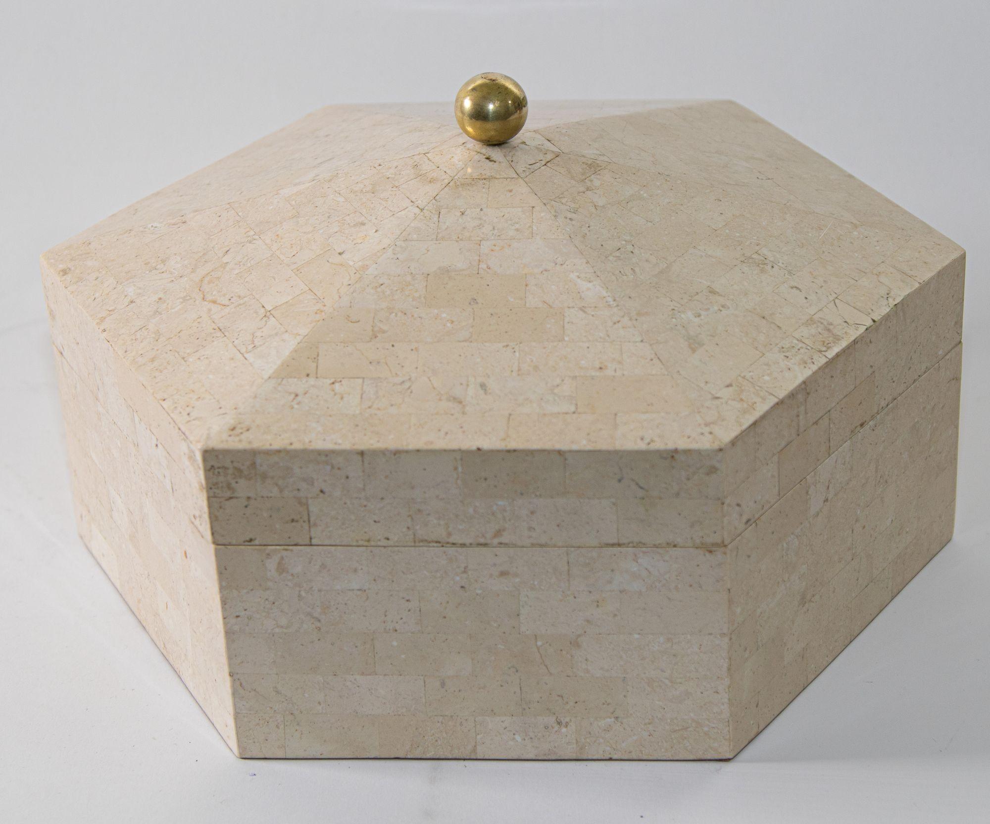 Maitland Smith Post Modern White Tessellated Hexagonal Stone Box 1980's For Sale 8