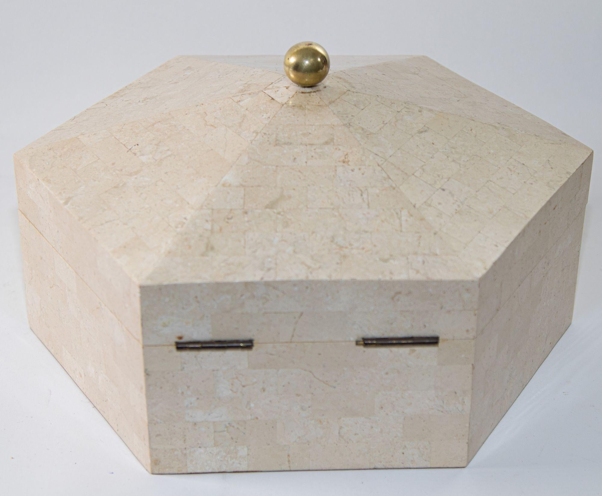 Post-Modern Maitland Smith Post Modern White Tessellated Hexagonal Stone Box 1980's For Sale