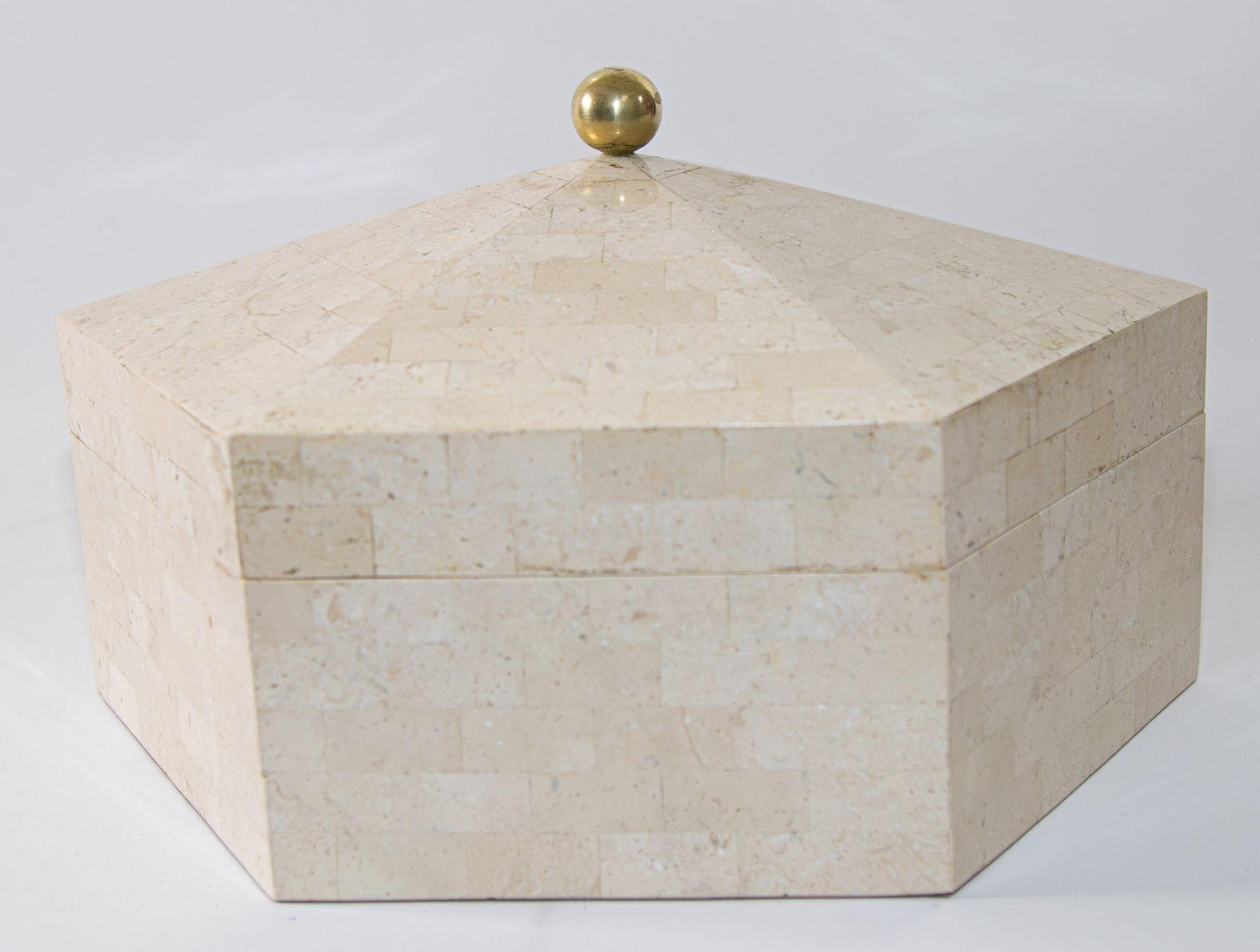 Hand-Crafted Maitland Smith Post Modern White Tessellated Hexagonal Stone Box 1980's For Sale