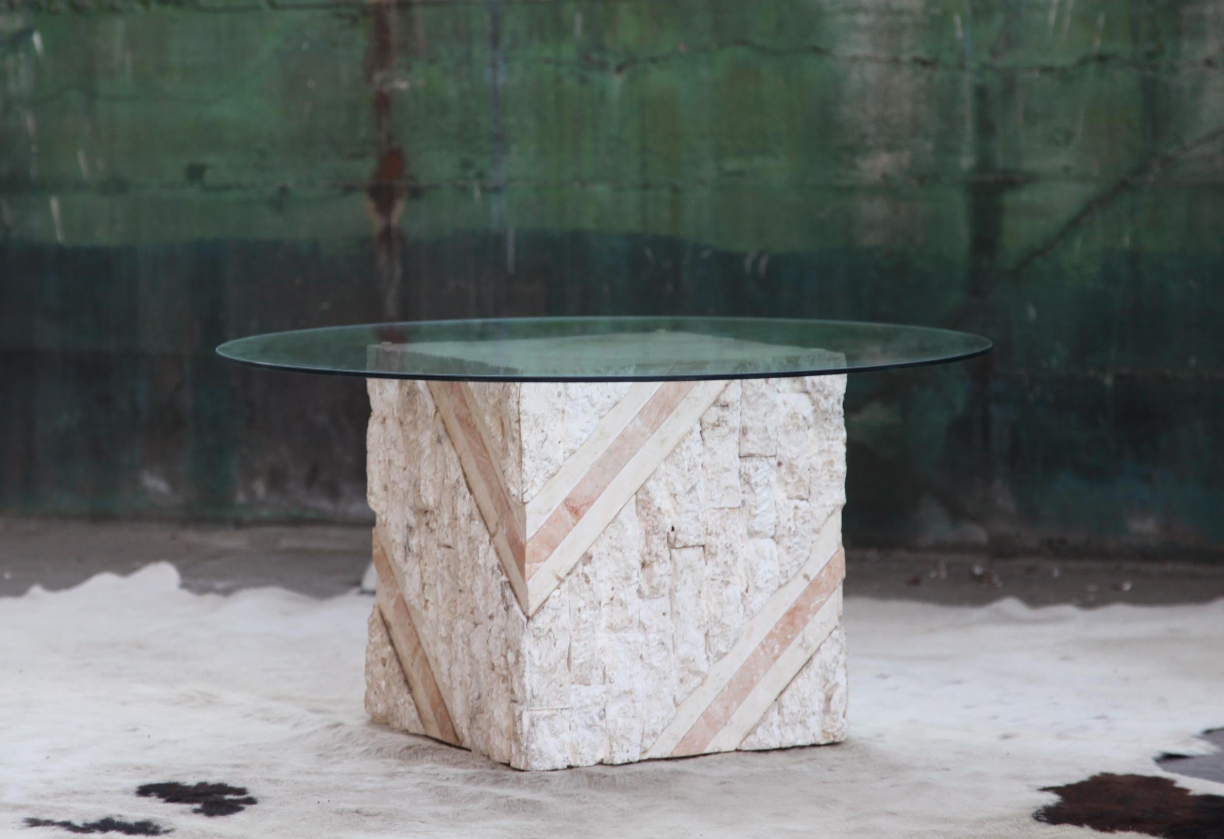For sale here is a very excellent accent design piece. This Tessellated stone inlaid, travertine, marble and glass topped table would look great in a Modern, Mid-Century, Miami Regency or Hollywood Regency decor. It features a fabulous geometric