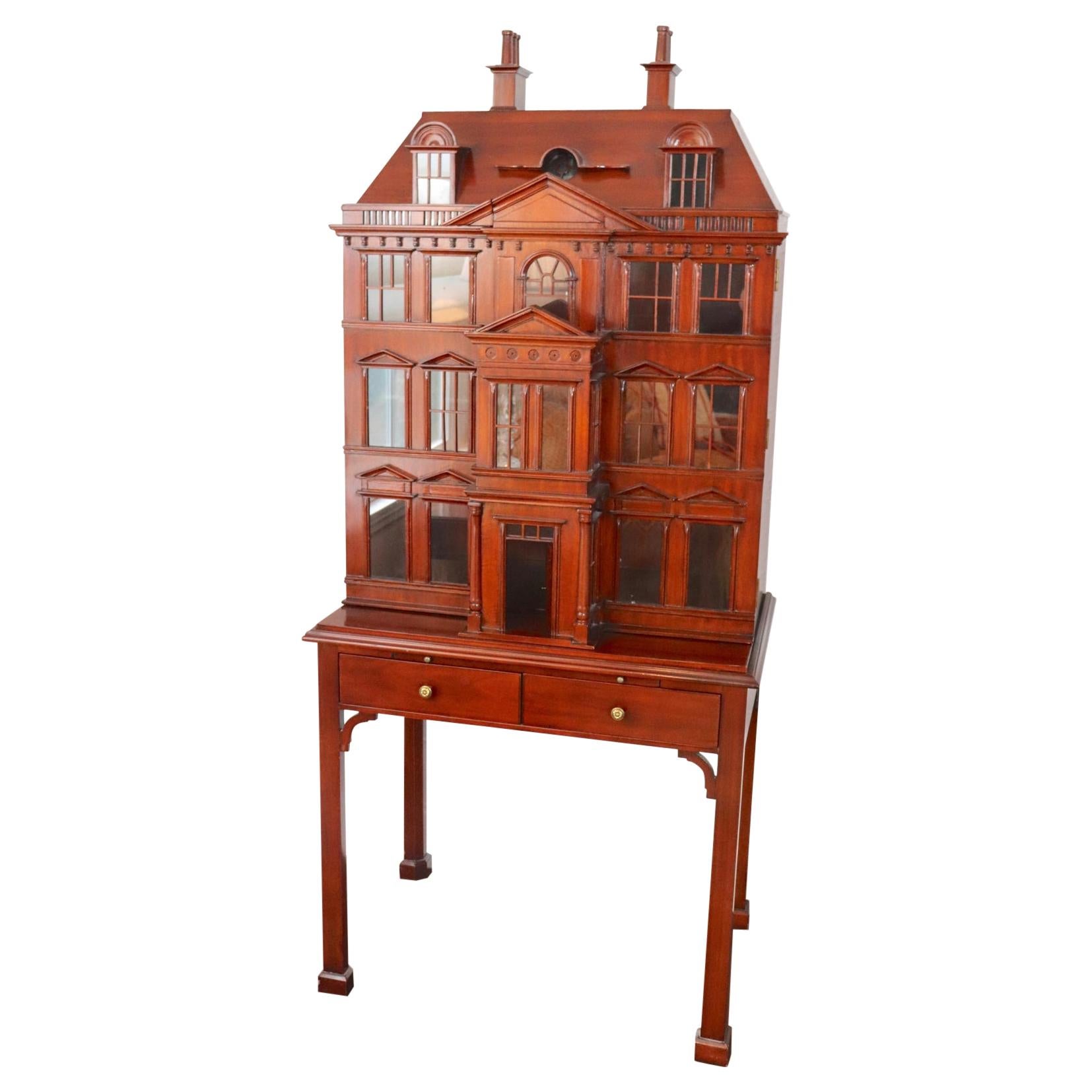 Maitland Smith iconic Postmodern Victorian Dollhouse bar cabinet cupboard. Incredible detail with glass windows, copper mullions and hand carved architectural details. Heavy glass interior shelf. Embossed leather slide. Labelled. 
   