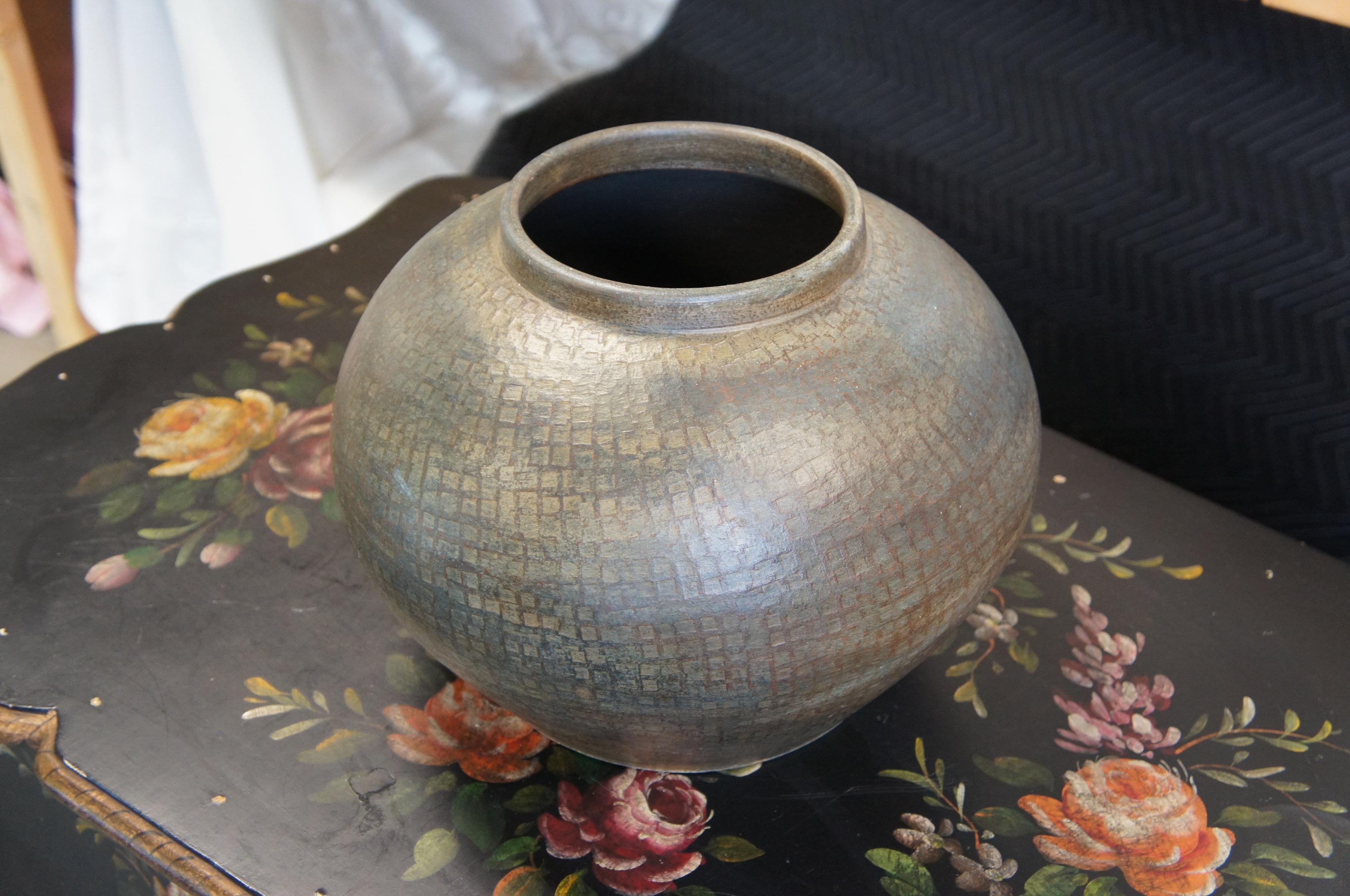 Maitland Smith Raku Style Ceramic Green Flower Vase Urn Cache Pot Jardiniere For Sale 1