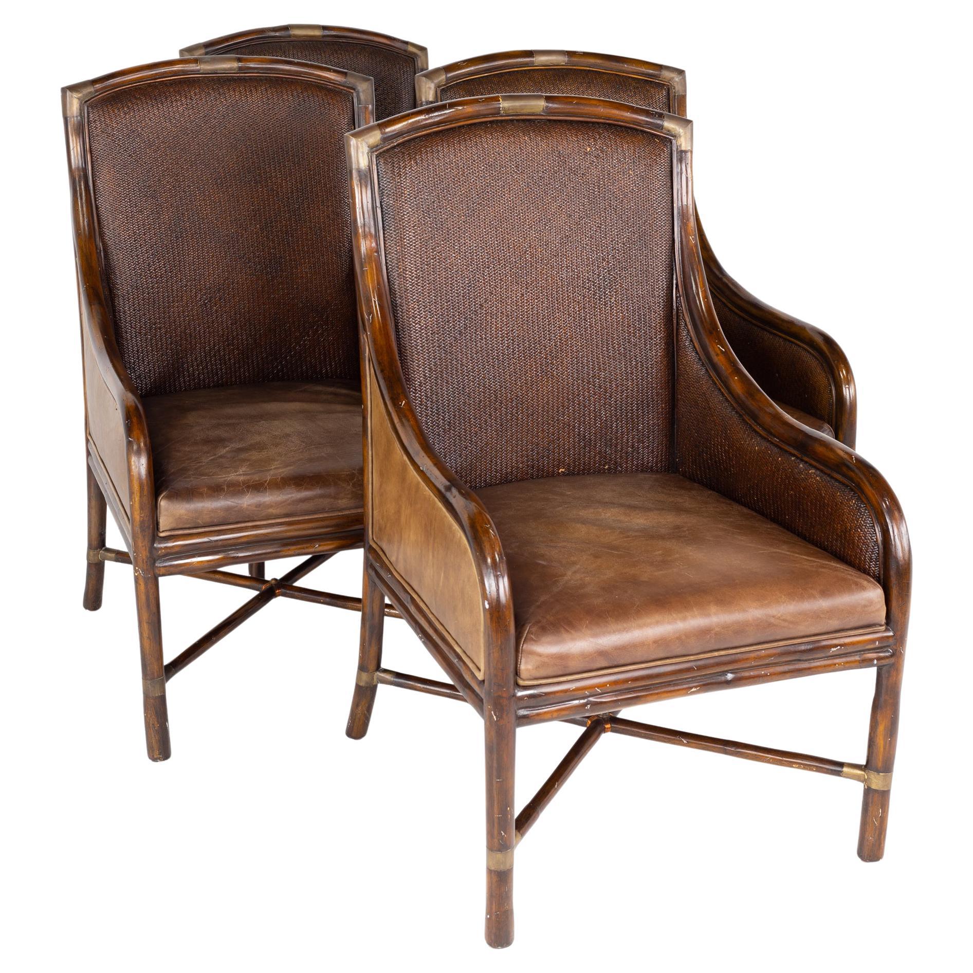 Maitland Smith Rattan and Leather Armchairs, Set of 4