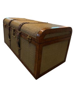Maitland Smith Rattan and Leather Trunk with Brass Hardware, Immaculate Interior