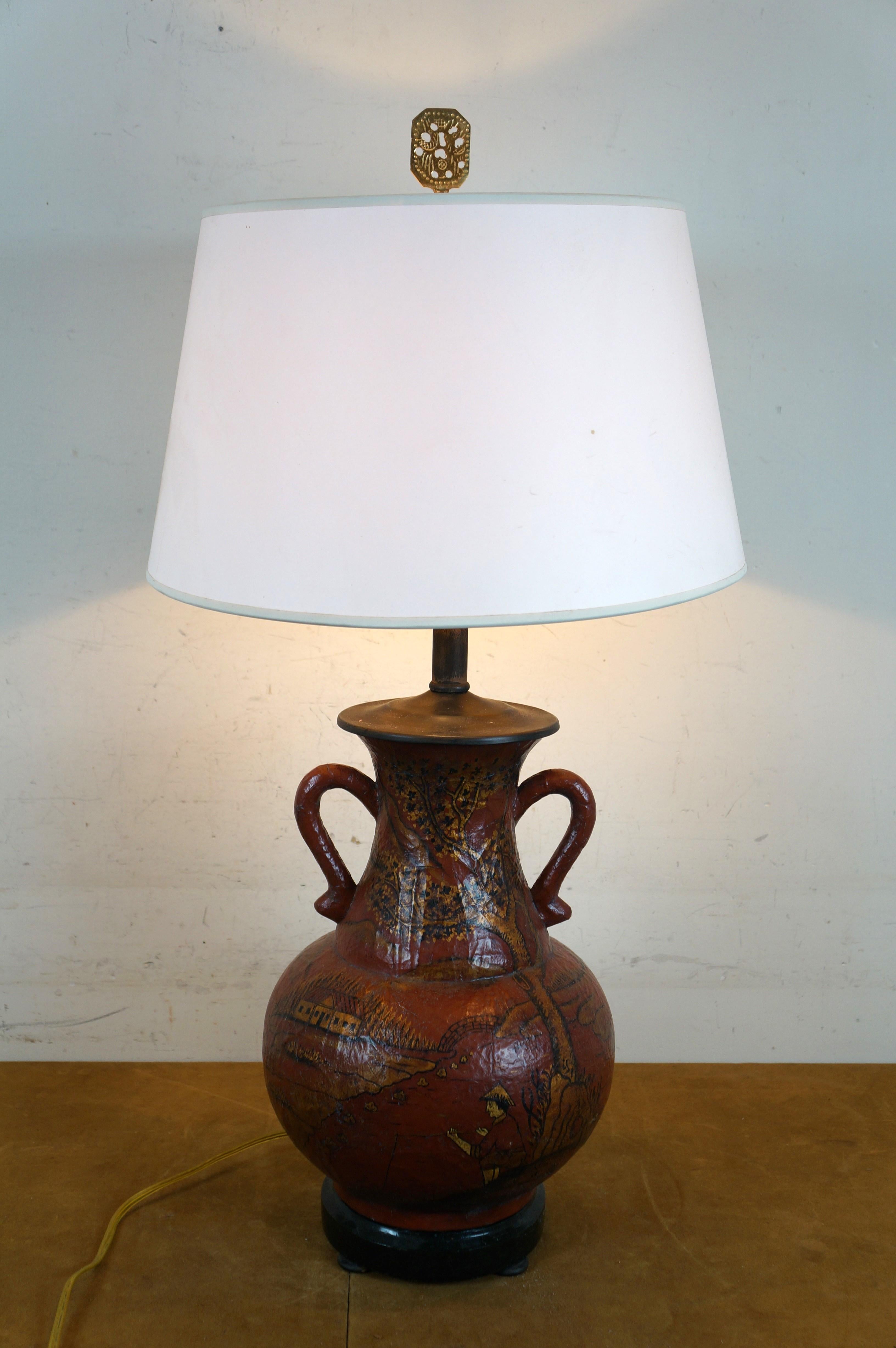 Maitland Smith Red Coromandel Lacquer Chinoiserie Urn Table Lamp 33