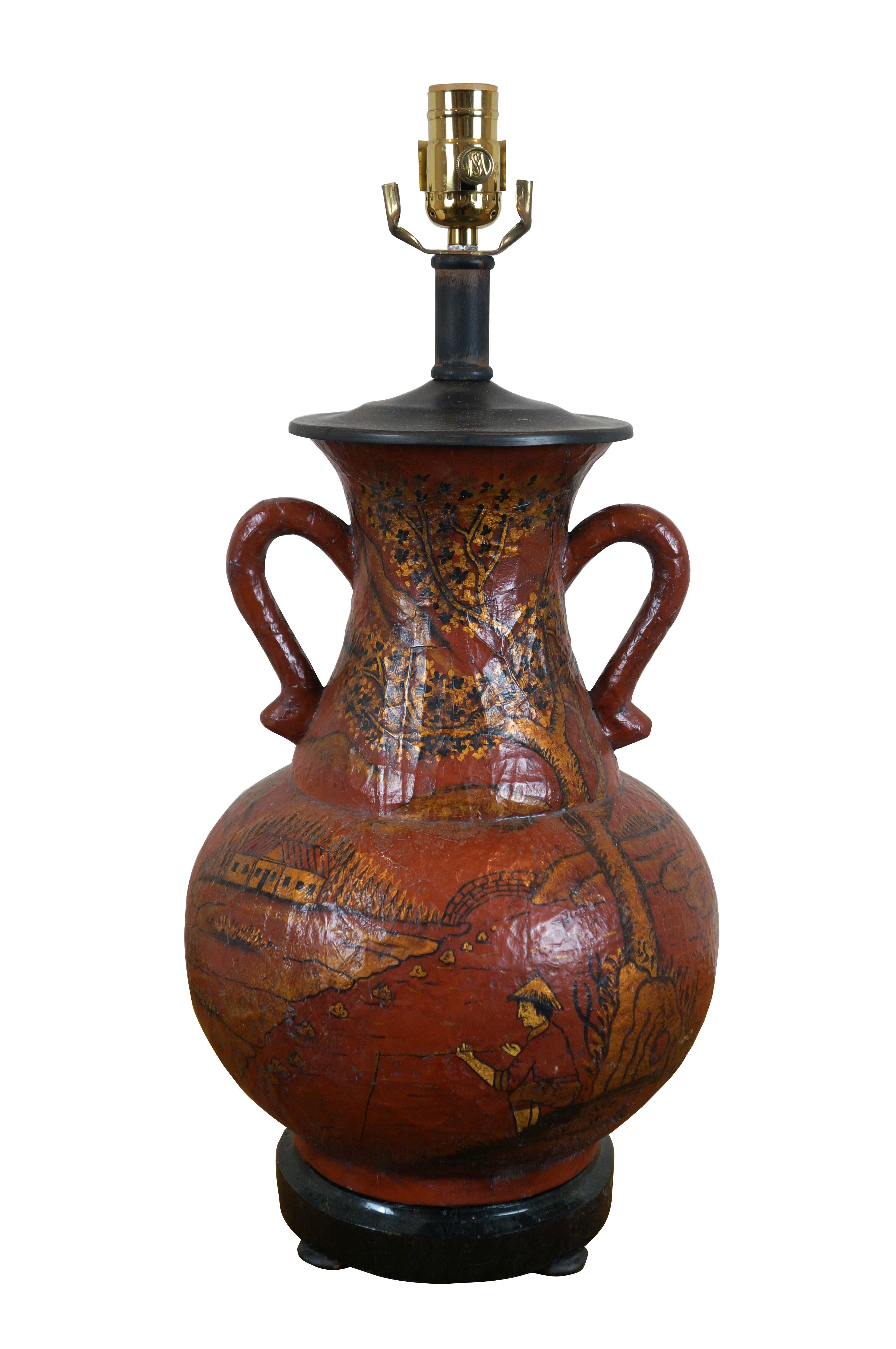 Maitland Smith Red Coromandel Lacquer Chinoiserie Urn Table Lamp 33