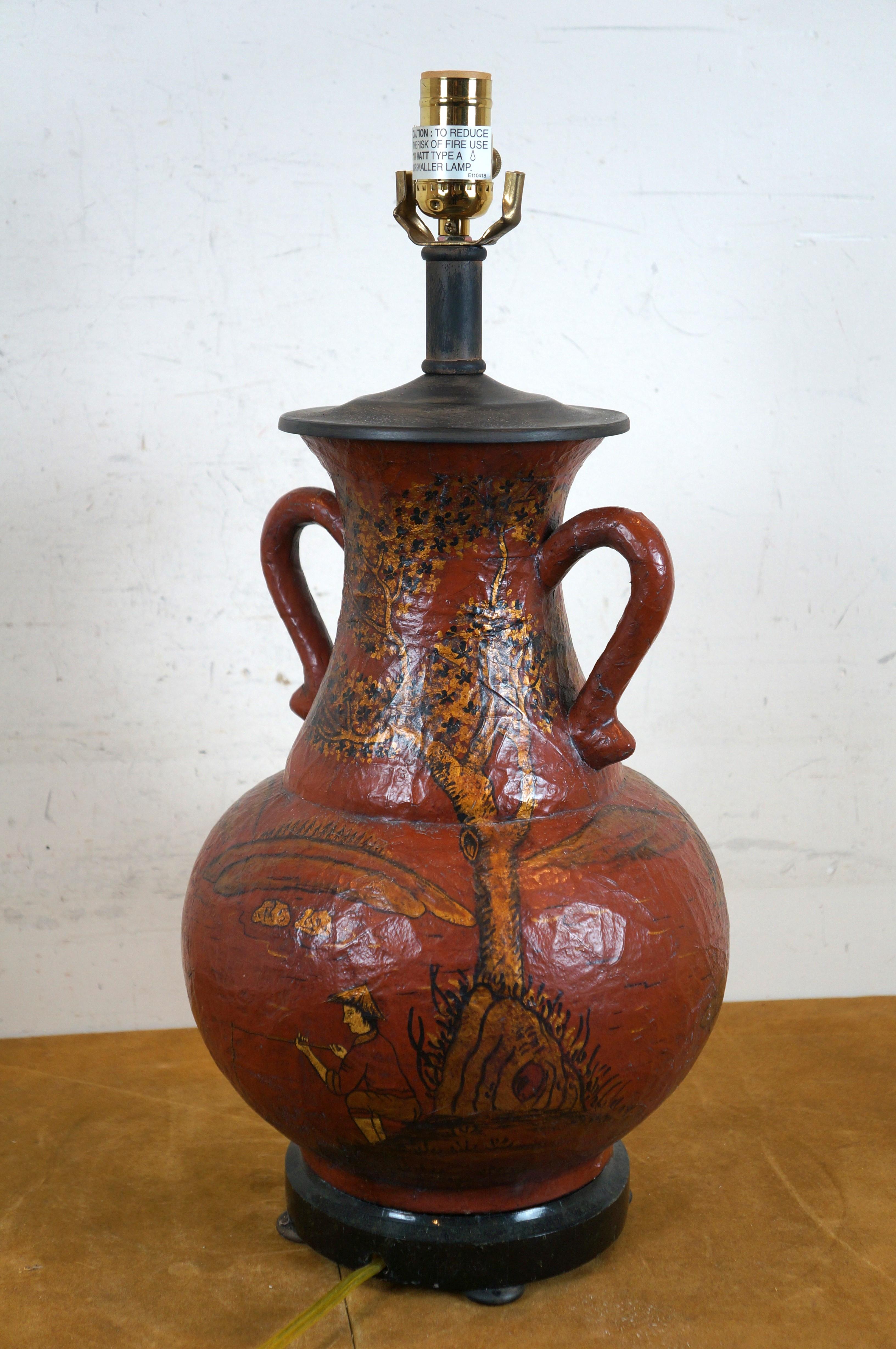 Maitland Smith Red Coromandel Lacquer Chinoiserie Urn Table Lamp 33
