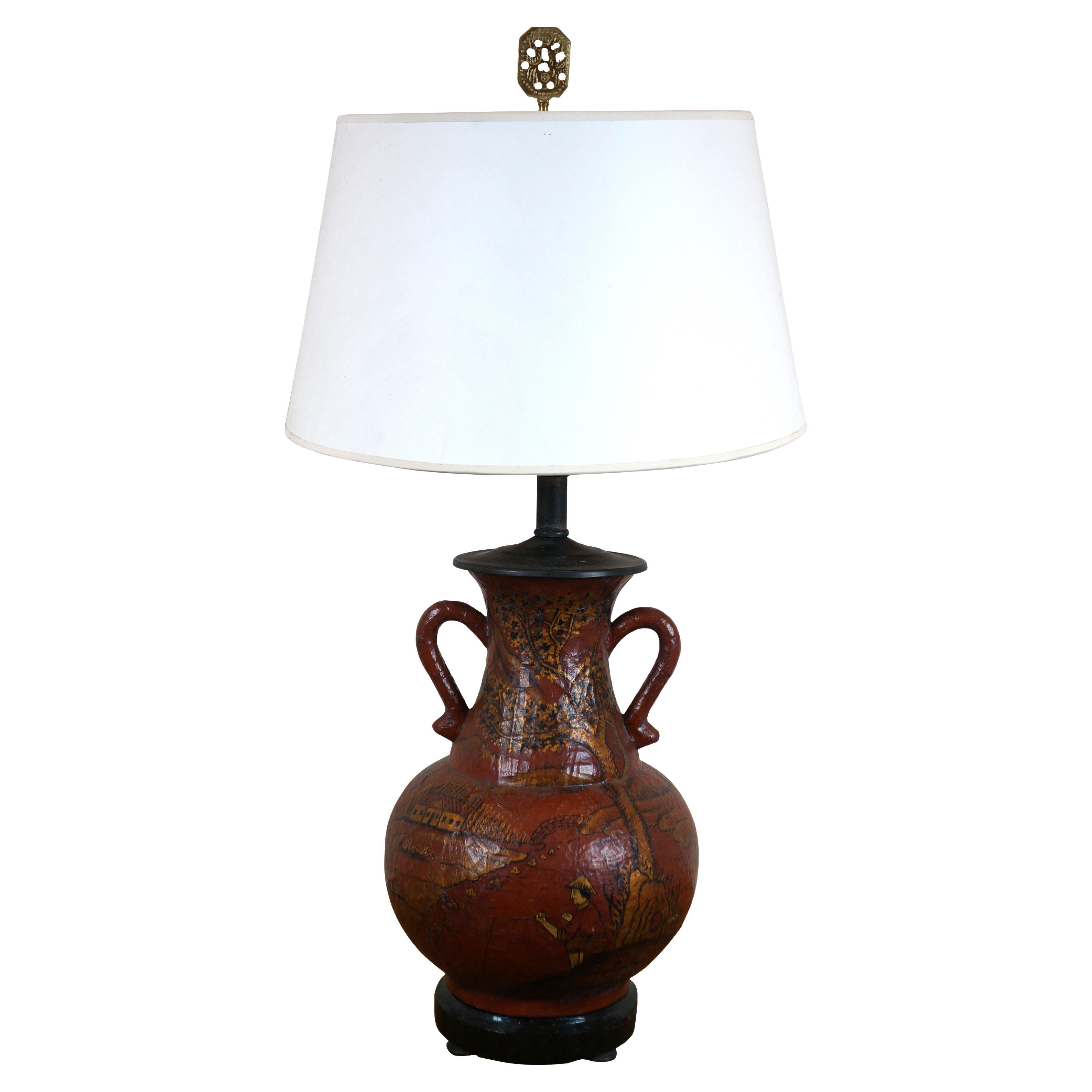 Maitland Smith Red Coromandel Lacquer Chinoiserie Urn Table Lamp 33"
