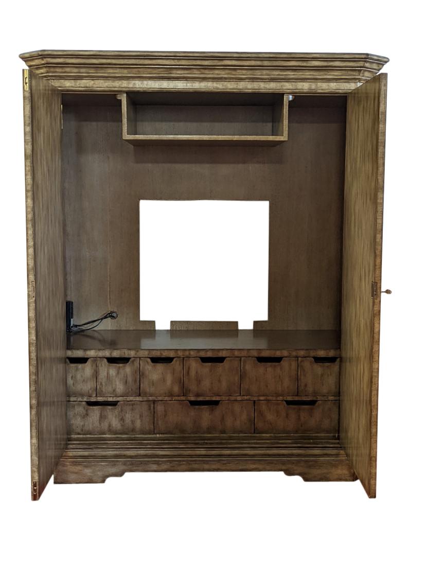 By Maitland Smith Furniture, Solid, heavy case, Painted, Doors lock, Painted urn design, Double hinged doors, Inside has ample space for storage, Electric outlets, 9 Bottom drawers on the bottom, Comes with 1 key.
Inside Measeures: 45? H x 55? W x