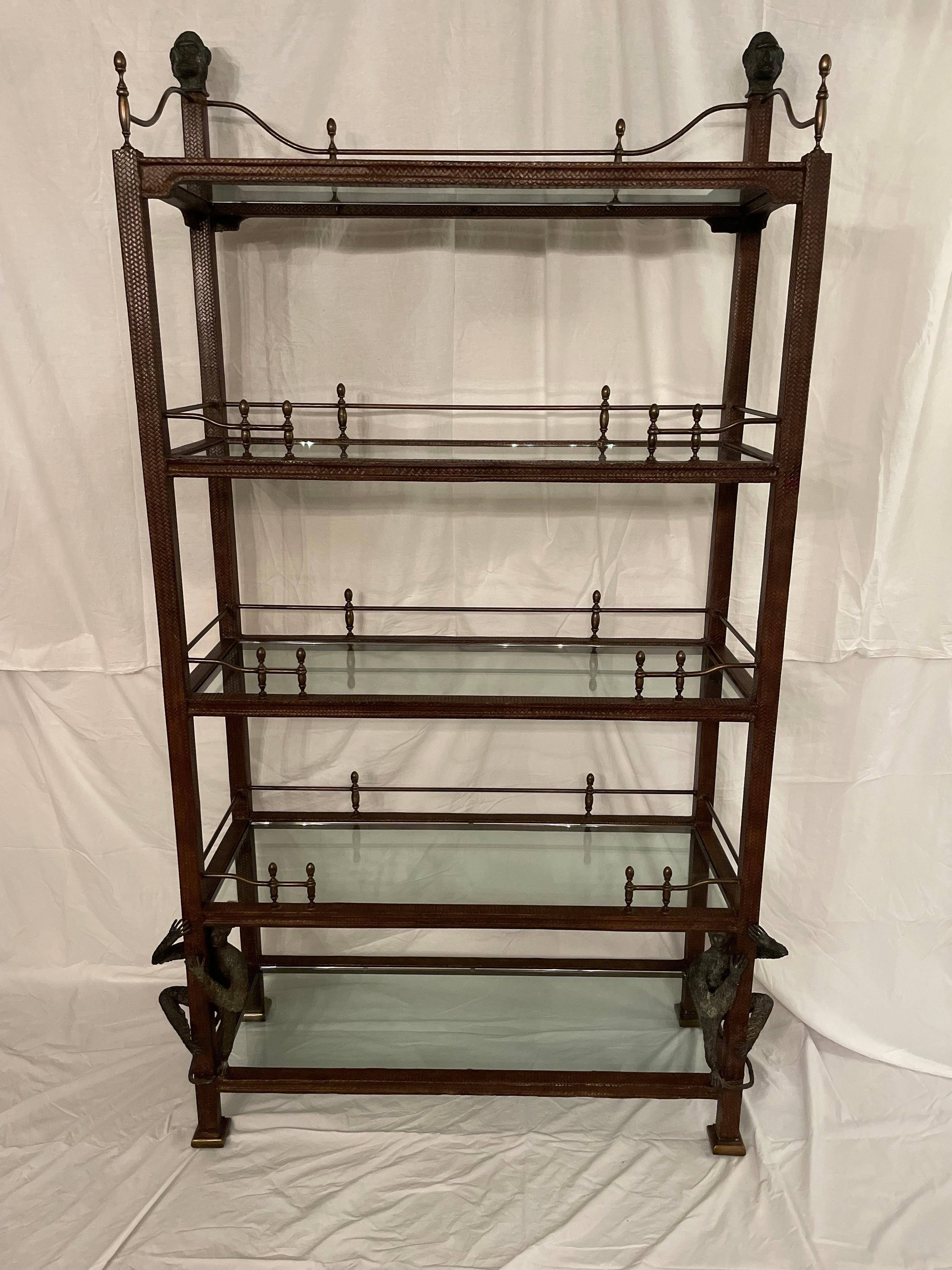 Maitland - Smith Regency Bookcase 5 Shelf Etagere Leather With Brass Rails Finia For Sale 11