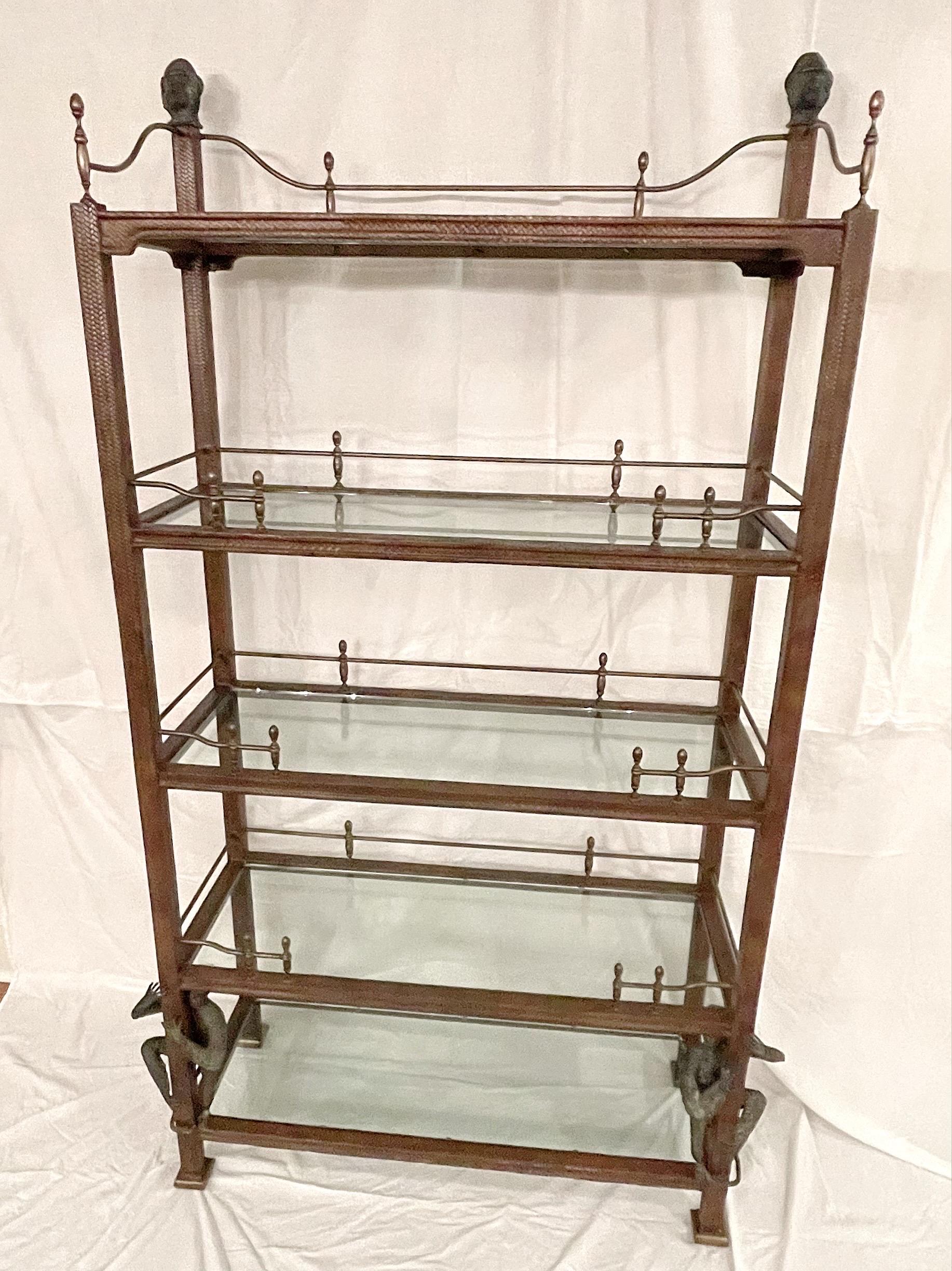 wood shelves with brass rails
